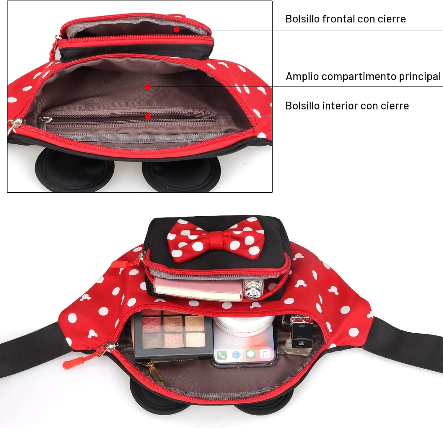 Riñonera linda para viajes, para mujeres, adolescentes y niñas, mini riñonera de ratón, cangurera de dibujos animados, para senderismo, bolsa de cintura al aire libre con orejas de ratón, Rojo, L