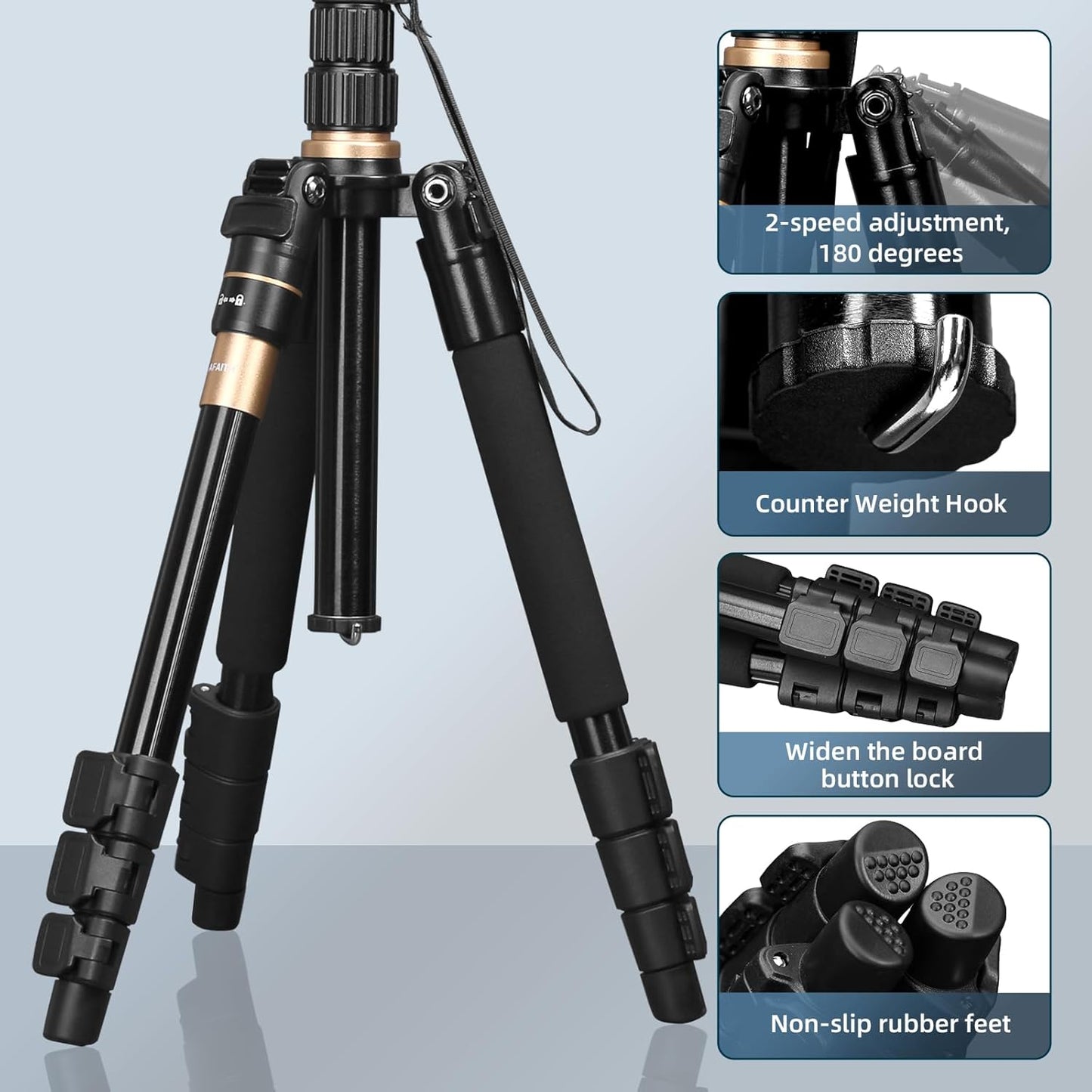 AFAITH Camera Tripod, Travel Tripod, 360 Degree Ball Head Monopod, Adjustable Monopod, 4 Tiers, Height 54.4 inches (139 cm), Length 14.4 inches (36.5 cm), Leg Diameter 9.4 inches (24 mm), Reverse