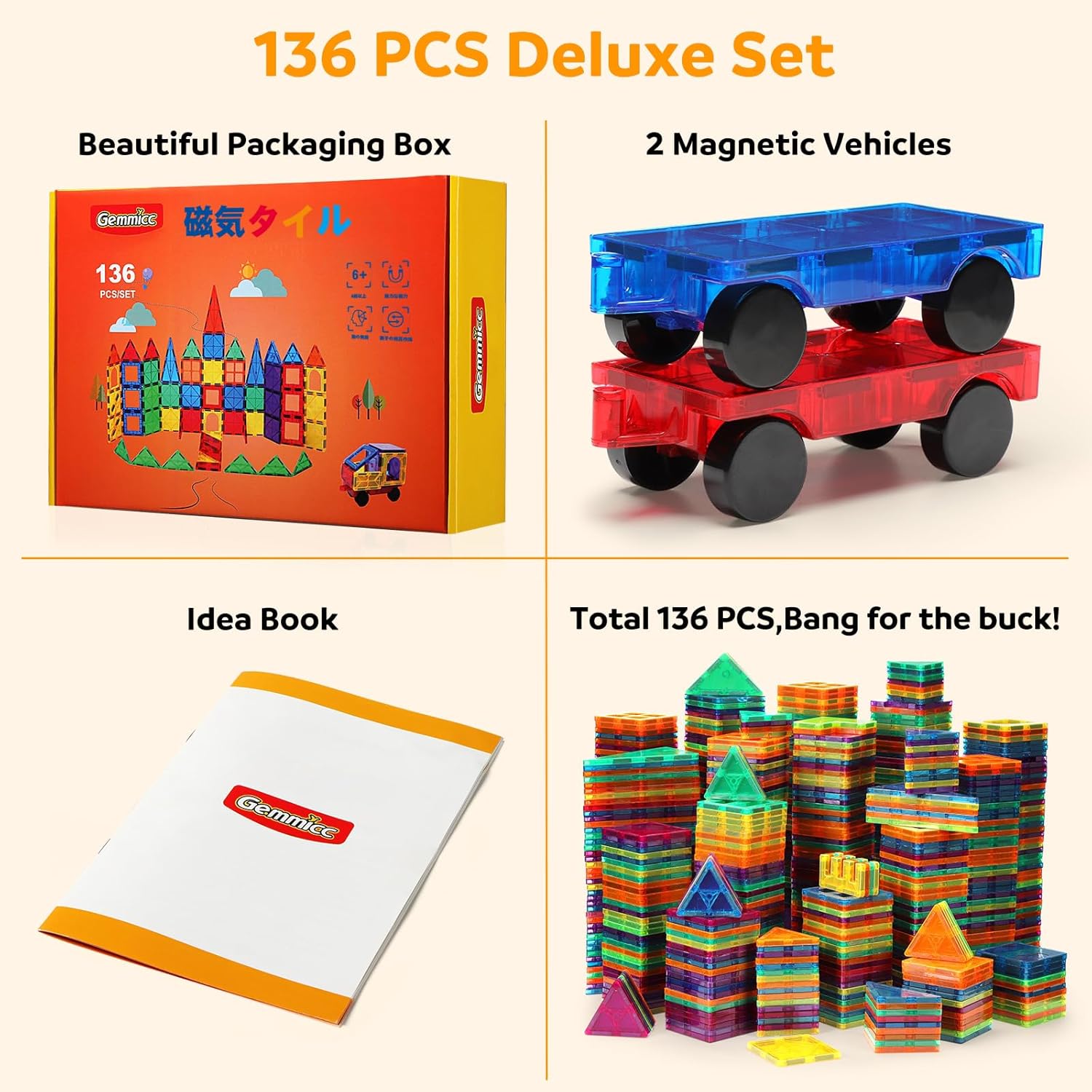 Gemmicc 136PCS Magnetic Tiles Building Blocks for Kids STEM Approved Educational Toys Magnetic Puzzle Building Blocks for Boys Girls with 2 Cars