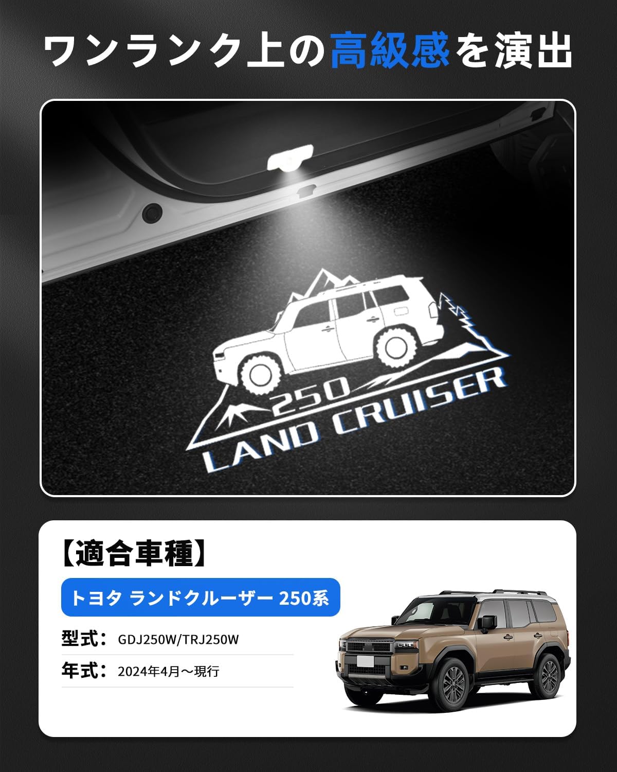 Toyota New Rank Land Cruiser 250 Courtesy Lamp LED Courtesy Light with Laser Logo TRJ250W/GDJ 250W Type 5 Seater 7 Seater April 2024 - Present Door Welcome Light Exclusive Design Genuine
