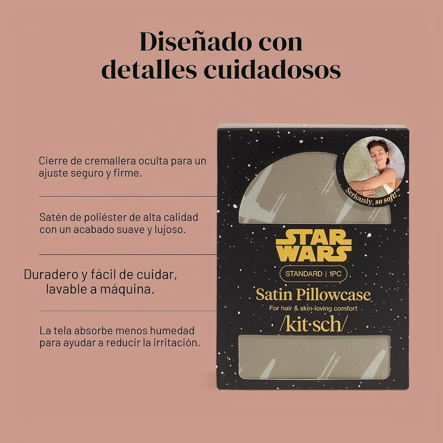 Kitsch x Star Wars Rebel Alliance - Funda de almohada de satén con cremallera para cabello y piel, más suave que las fundas de almohada de seda, funda de almohada de satén refrescante, fundas de almohada sin arrugas, tamaño estándar, 19 x 26 pulgadas