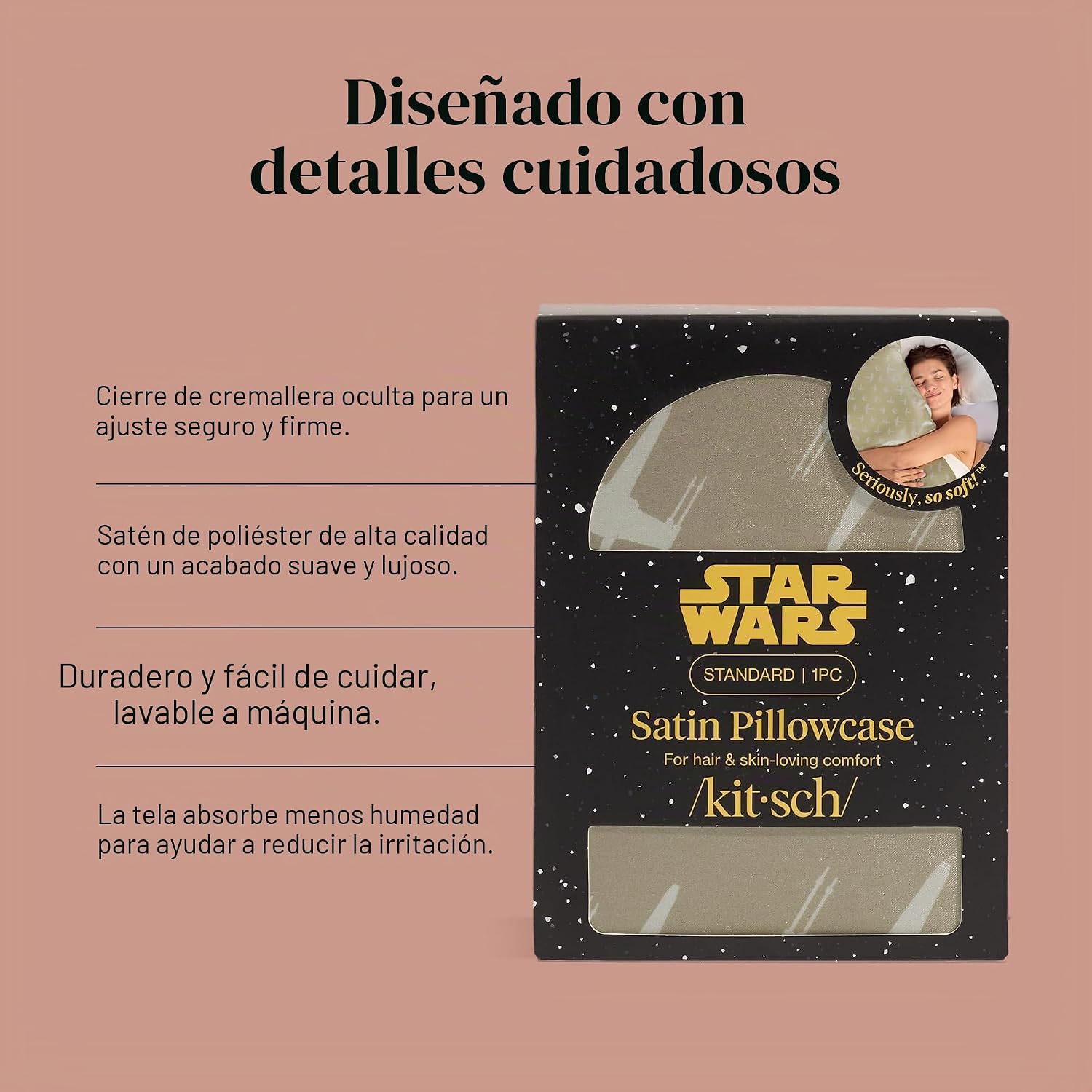 Kitsch x Star Wars Rebel Alliance - Funda de almohada de satén con cremallera para cabello y piel, más suave que las fundas de almohada de seda, funda de almohada de satén refrescante, fundas de almohada sin arrugas, tamaño estándar, 19 x 26 pulgadas