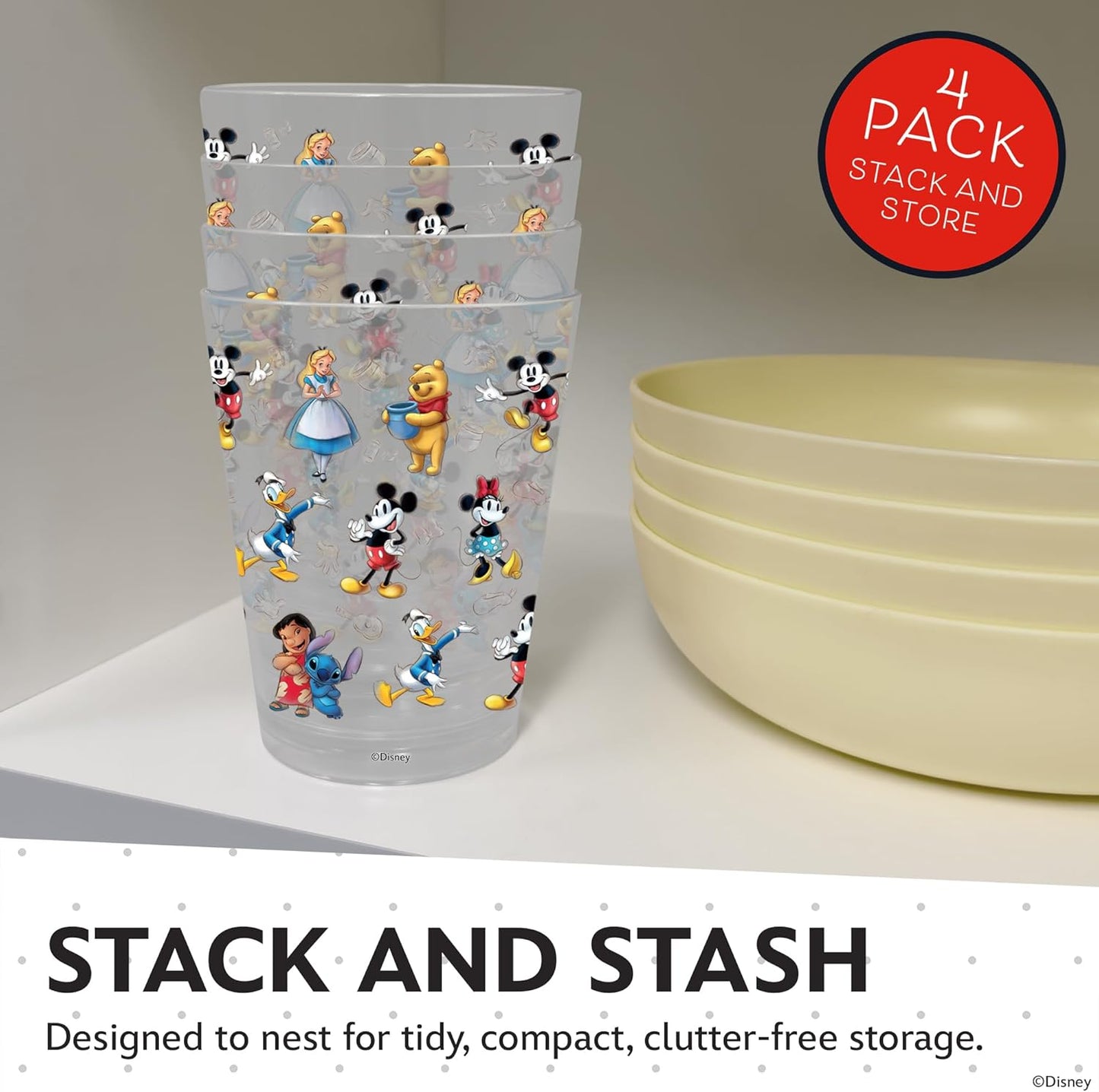 Vasos de plástico reutilizables de Disney – Paquete de 4 vasos de plástico para beber de 16 oz con diseños de Mickey, Stitch, Pooh o Disney100 – Sin BPA, apilables, seguros para lavavajillas en la
