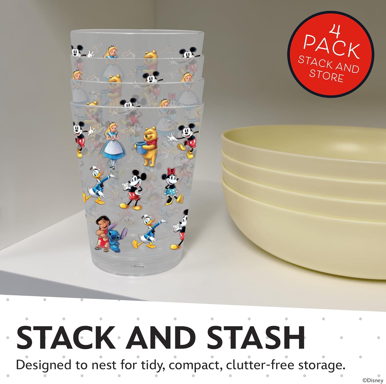 Vasos de plástico reutilizables de Disney – Paquete de 4 vasos de plástico para beber de 16 oz con diseños de Mickey, Stitch, Pooh o Disney100 – Sin BPA, apilables, seguros para lavavajillas en la