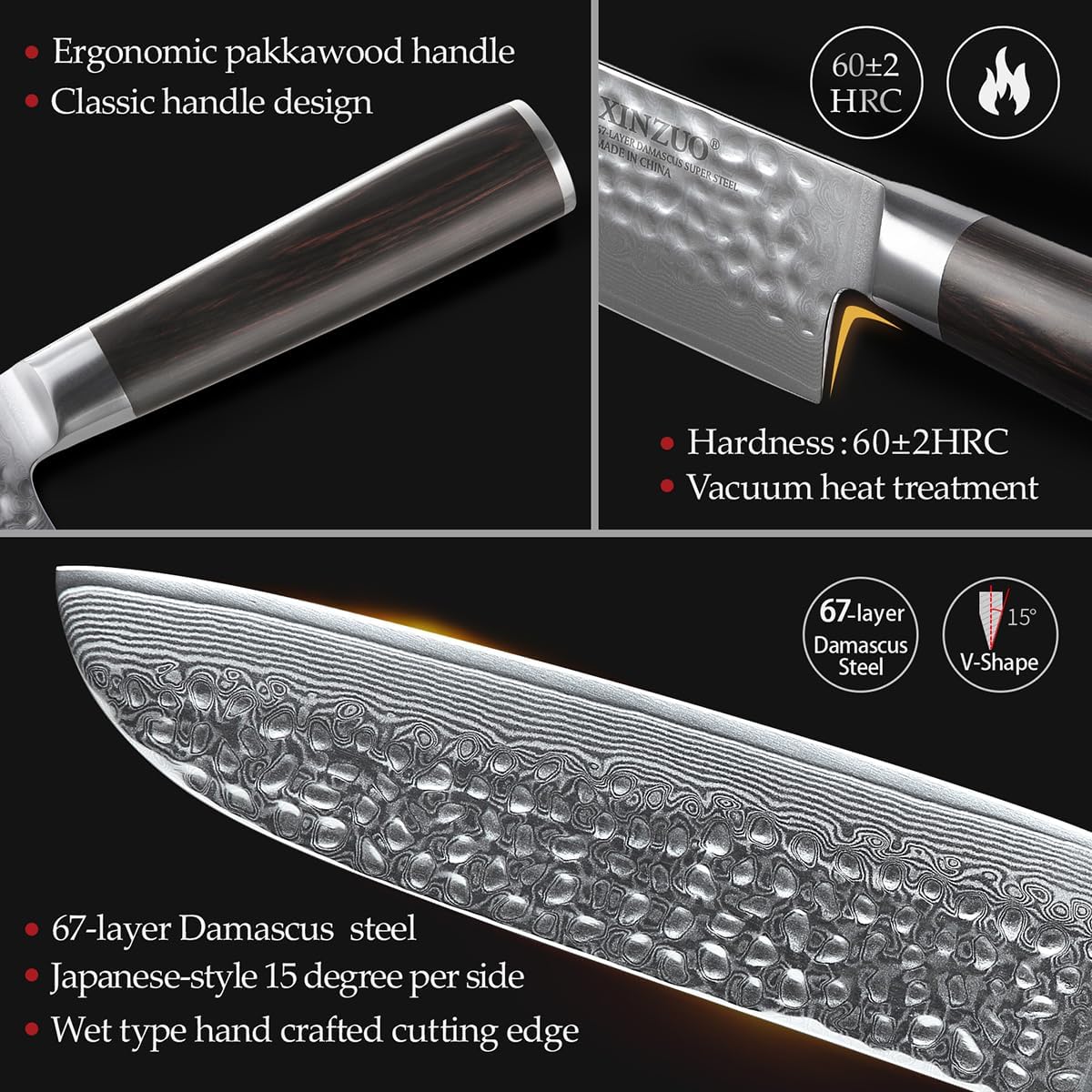 XINZUO Damascus Steel Santoku Knife - 67-Layer Damascus Steel 17.6cm Santoku Chef Knife, Professional Kitchen Cooking Knife, Suitable for Cutting Meat, Vegetables, and Fruits - Ergonomic Pakka Wood