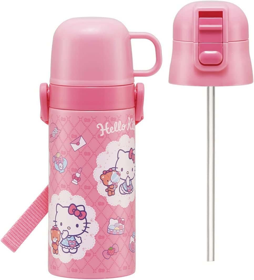 Skater SKCP3-A Children's Stainless Steel Water Bottle, 2-Way Drinking Straw, 14.1 fl oz (410 ml), Cup Drinking, 11.8 fl oz (350 ml), Kitty, Fashionable Girl, Kid-friendly Lightweight, Girls, Hot and