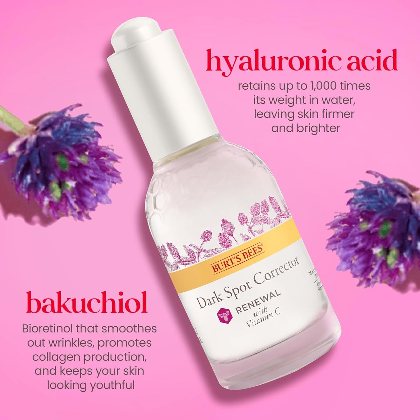 Burt's Bees Renewal - Corrector de manchas oscuras con alternativa de retinol, Bakuchiol natural, frambuesa, 1 onza (el paquete puede variar)