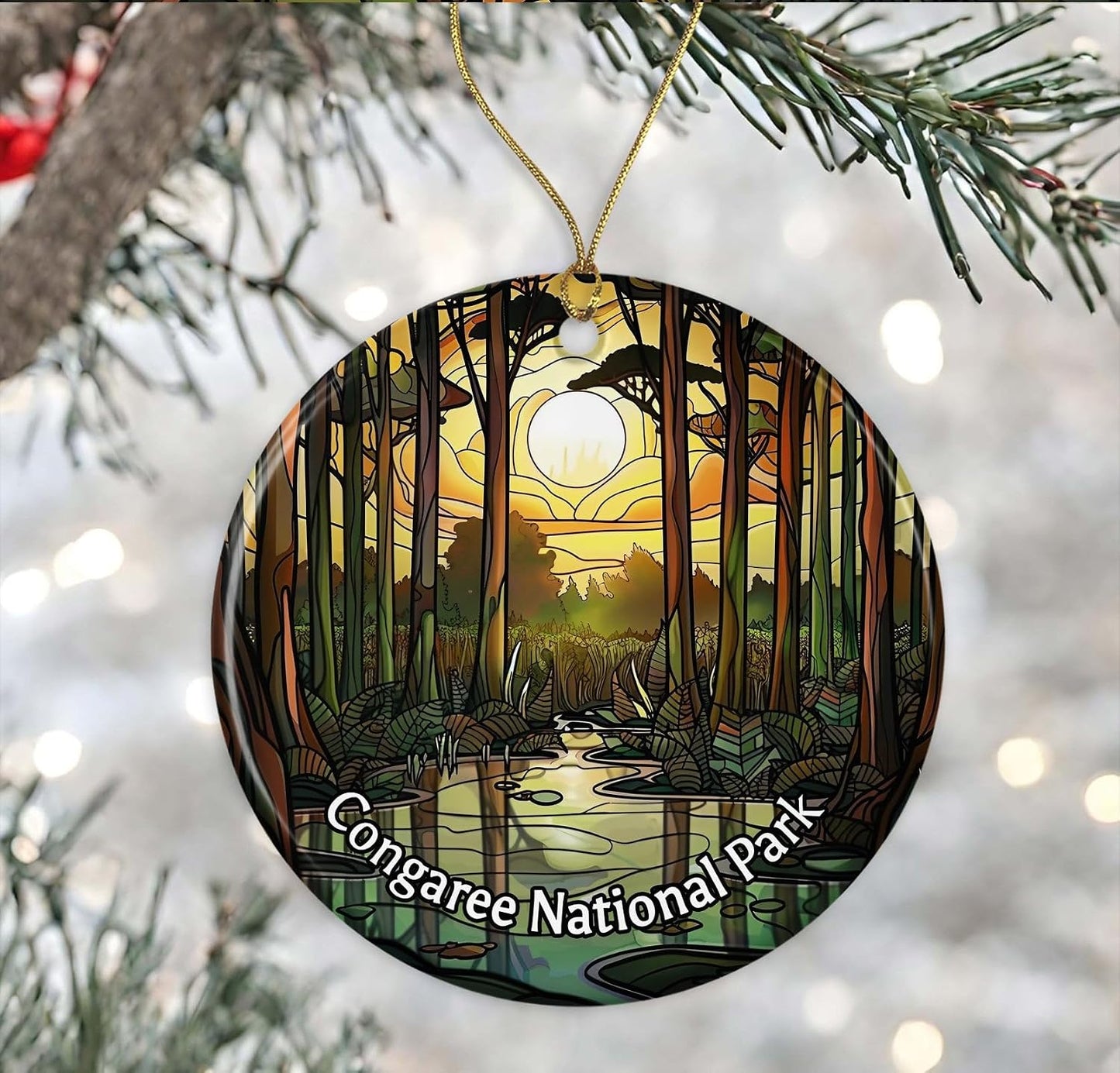 Adorno de Parque Nacional Congaree, adorno de aspecto de vitral, adorno de Navidad de parques nacionales, adorno de recuerdo, recuerdos de viaje, adorno de Navidad, regalo de cerámica impreso en ambos