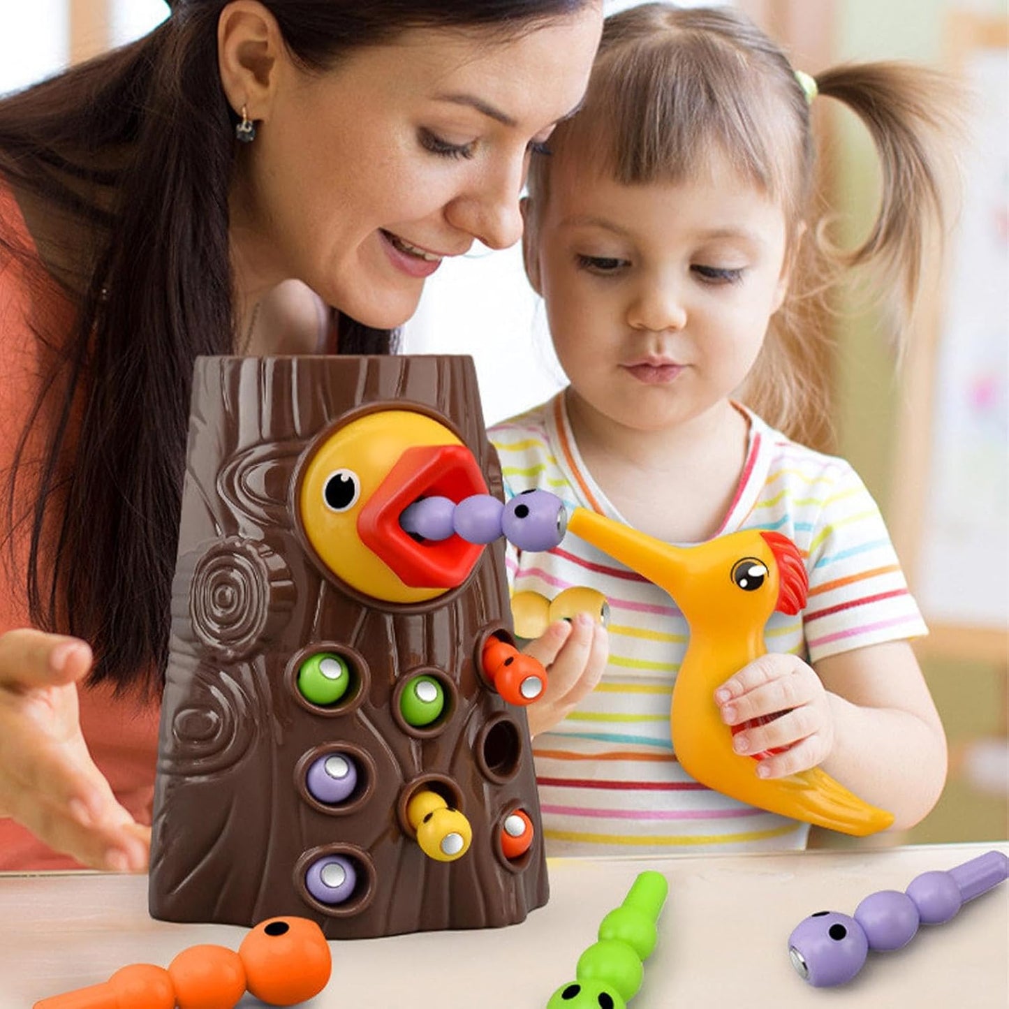 Magnetic Bird Feeder Toy, Bird Feeding Toy | Magnetic Worm Catch Game with Tree Stump, Interactive Early Learning Toy, Fine Motor Skills Educational Toys for Kids and Toddlers