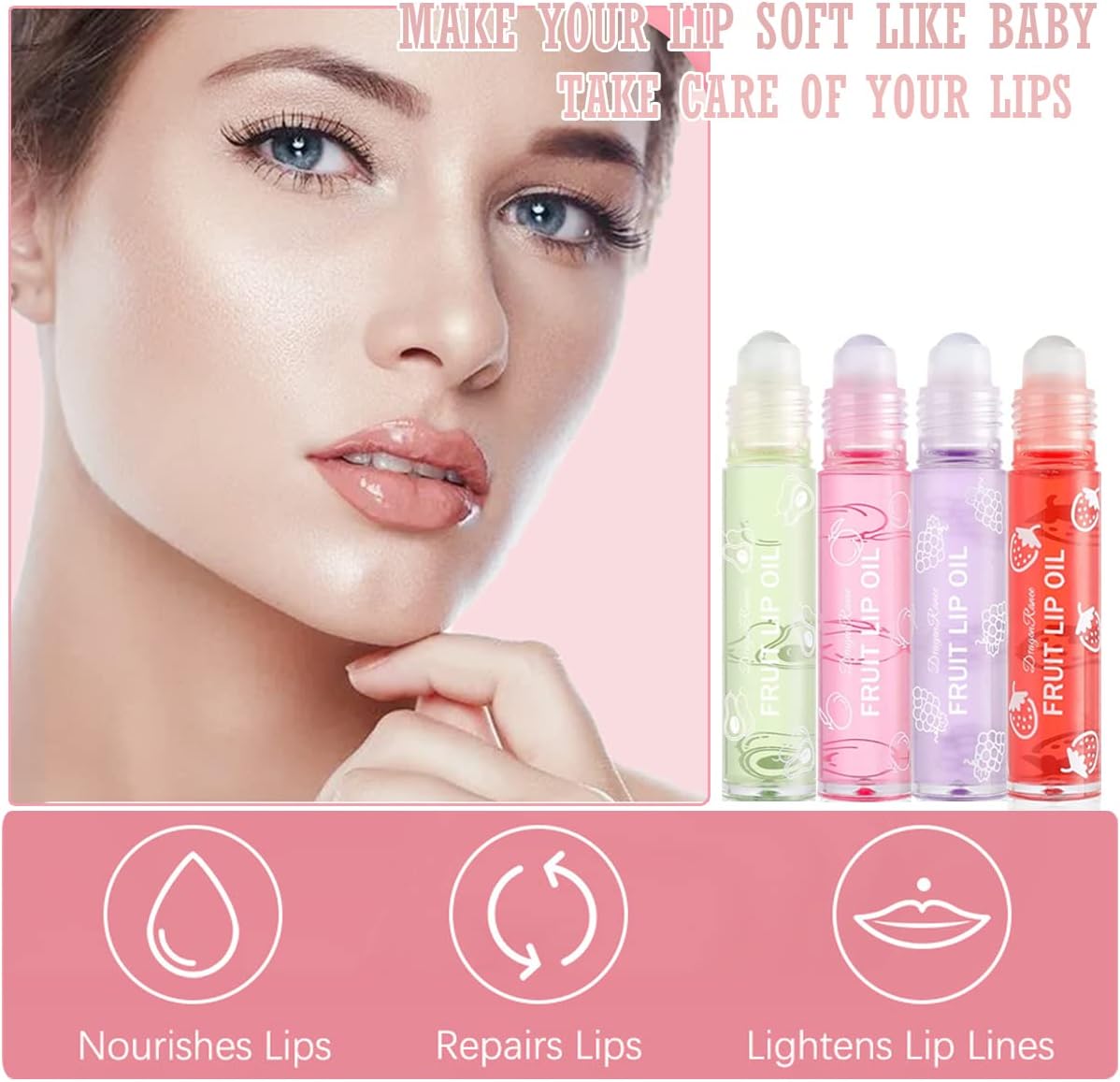 Hydrating Lip Oil Fruit Roll On Lip Grow Oil Primer Moisturizing Lip Balm Kit Clear Lip Gloss Slip Care 4 pcs