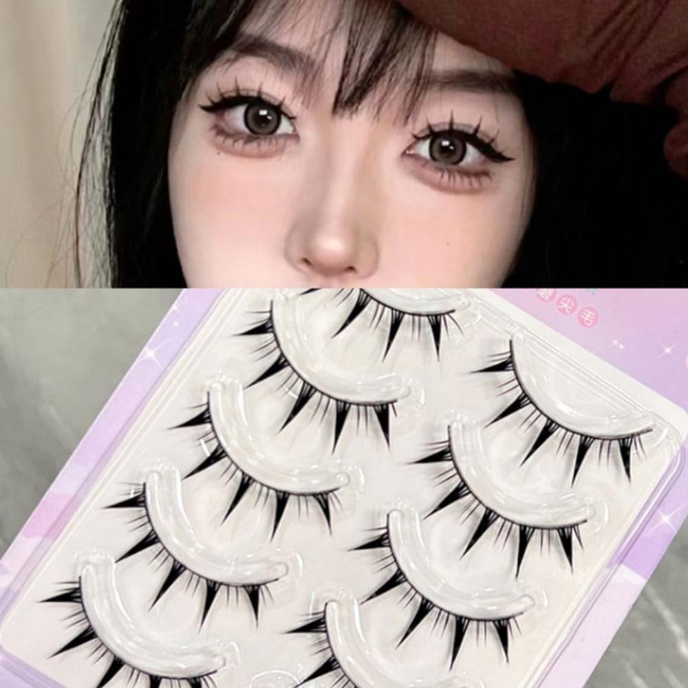 5 Pairs Makeup Cartoon Eyelashes Cosplay Anime Eyelashes Black Stem Wet??Looks Spiky Eyelashes 3D Little Devil Big Eye Eyelashes Extension Tool