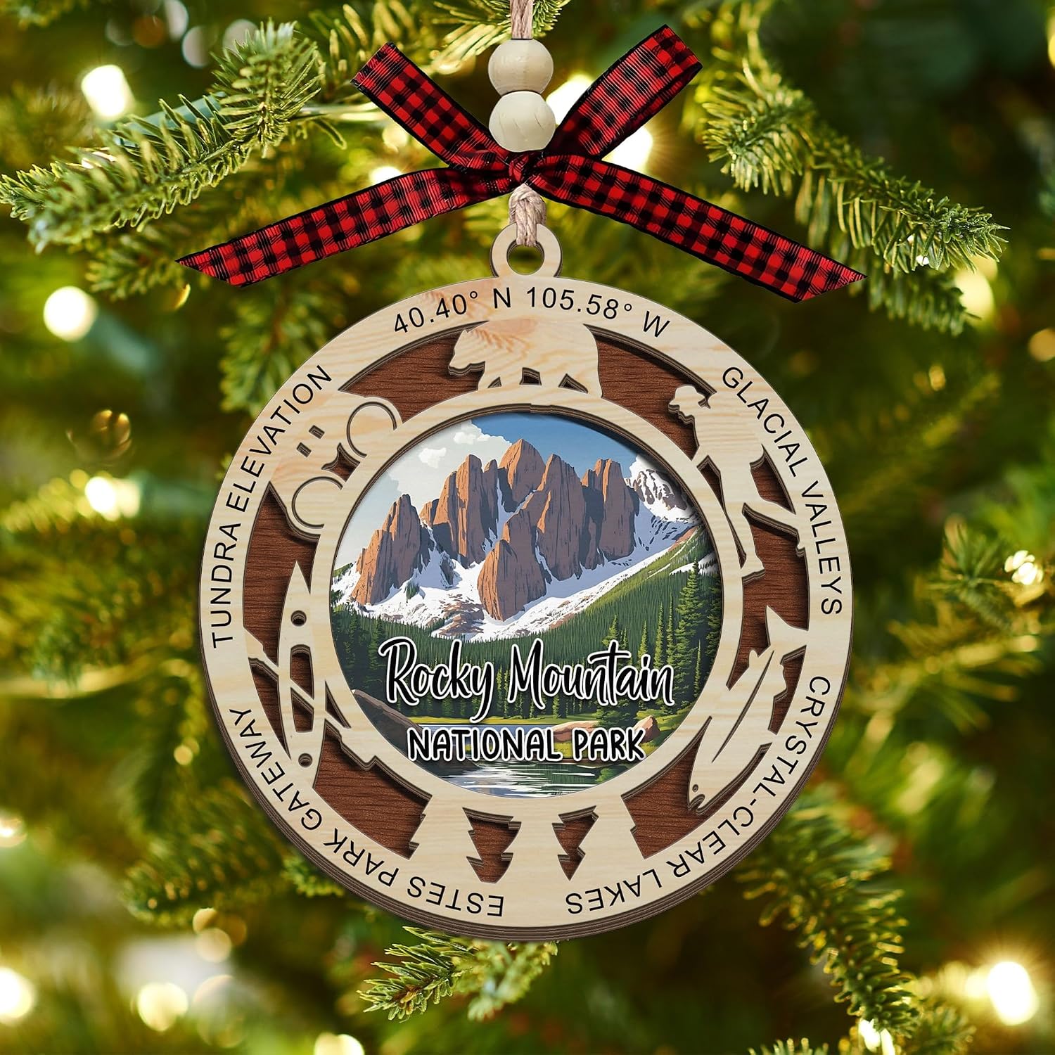 Adorno de Navidad del Parque Nacional de las Montañas Rocosas, diseño de corte láser de madera de 2 capas, decoración de árbol de vacaciones, regalo de recuerdo de viaje, picos alpinos, vida