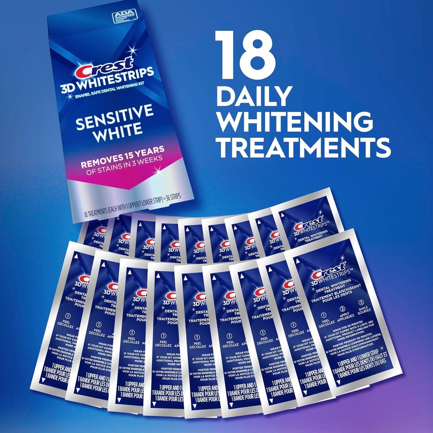 Kit de blanqueamiento dental Crest 3D Whitestrips Sensitive para uso en casa, 18 tratamientos, elimina suavemente manchas de hasta 15 años, Crest Whitestrips, Kit de blanqueamiento dental