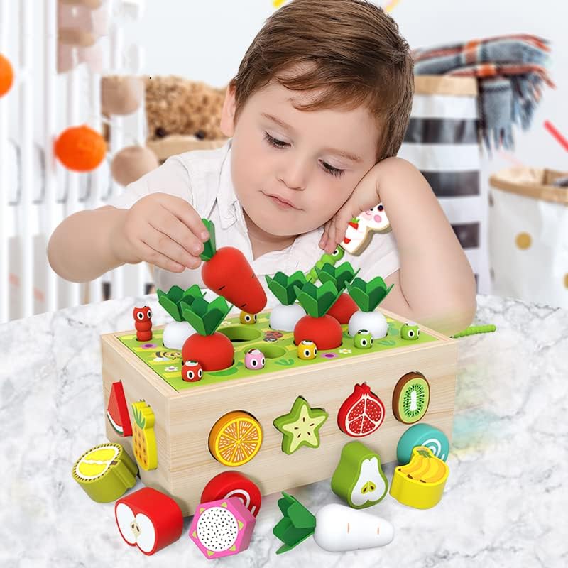 Mokusou-sha Montessori Educational Toy, Shape Matching Wooden Toy, Fruit Recognition, Shape Insertion, Farm Carrot Pulling, Magnetic Bug Catching Game, Early Development, Fingertip Training, Birthday