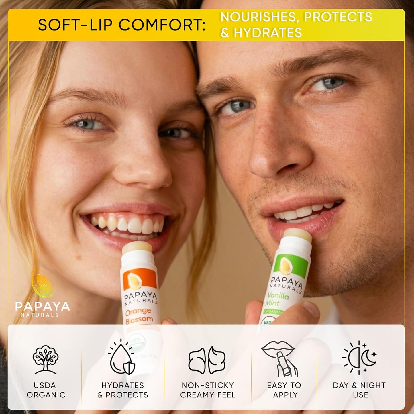Papaya Naturals USDA - Juego de bálsamo labial orgánico, paquete de 6 – cera de abeja orgánica, manteca de cacao y vitamina E bálsamo labial para labios secos – Cuidado de labios natural hidratante
