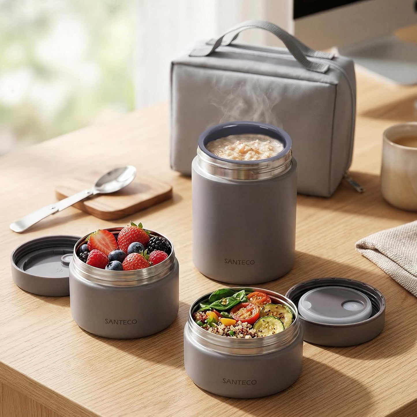 SANTECO Vacuum Insulated Soup Lunch Set, 33.8 fl oz (1,050 ml), Lunch Jar, Thermal Bento Box, Spoon, Dedicated Bag, Stylish, Unisex, Picnic, Club Activities (Sky Blue)