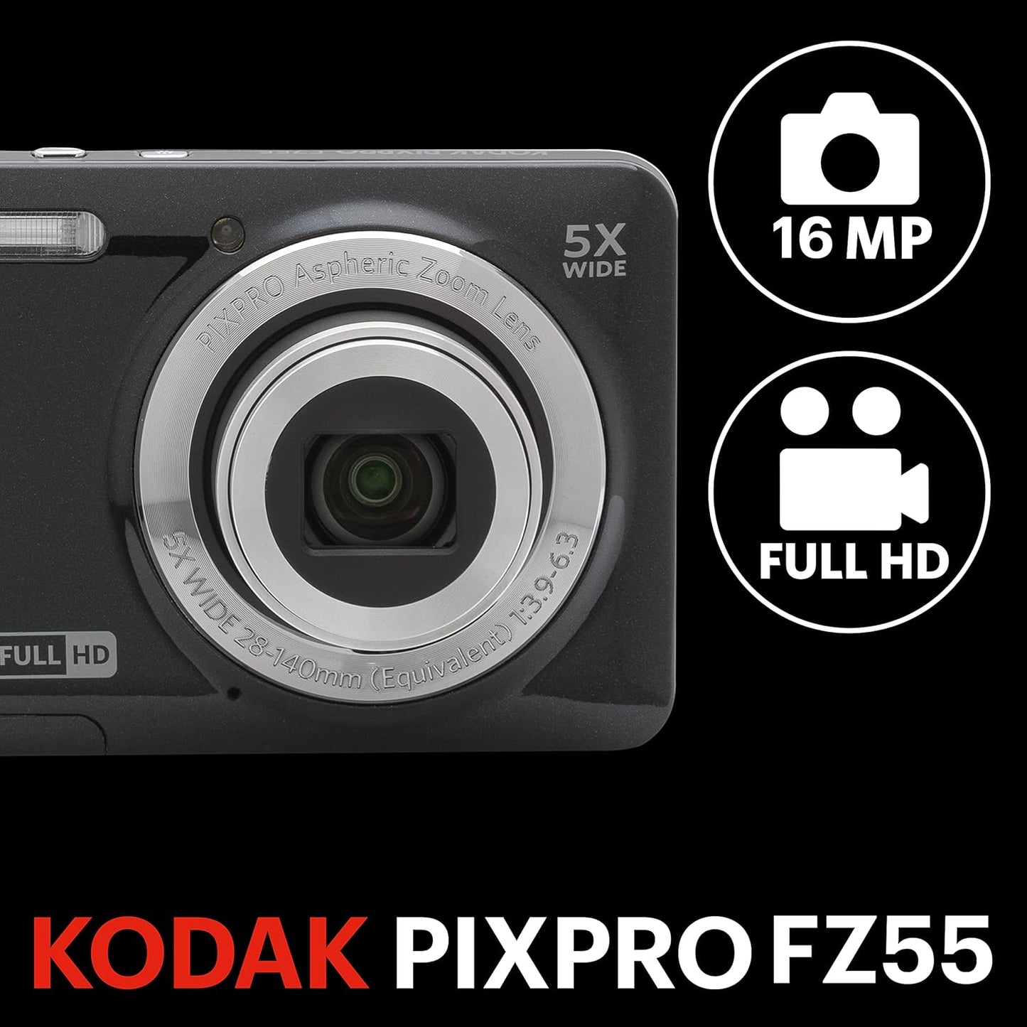 KODAK PIXPRO Easy to Use Zoom, FZ55-BK 16MP Digital Camera, 5x Optical Zoom, Wide Angle, 28mm 2.7-inch LCD Screen (Black)