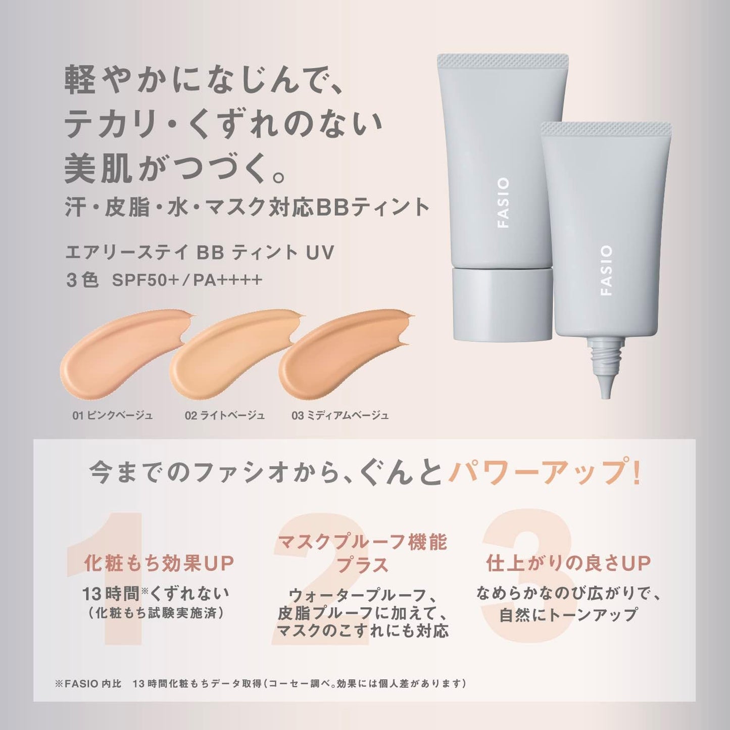 FASIO BB Cream Airy Stay BB Tint UV 01, Pink Beige, 1.1 oz (30 g), Waterproof, Sebum Proof, SPF50+/PA++++, Sunburn, Foundation