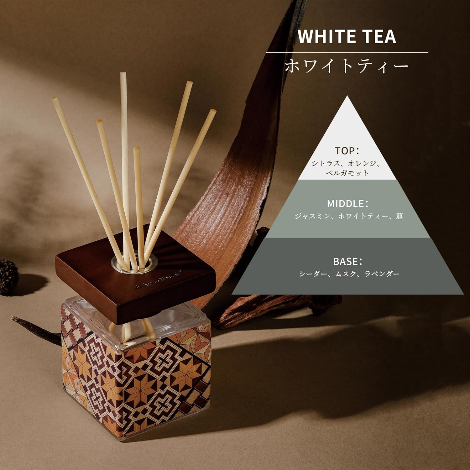 Aroma Naturals Reed Diffuser with Marquetry Pattern Sheet Room Fragrance Present Gift 150ml (White Tea)