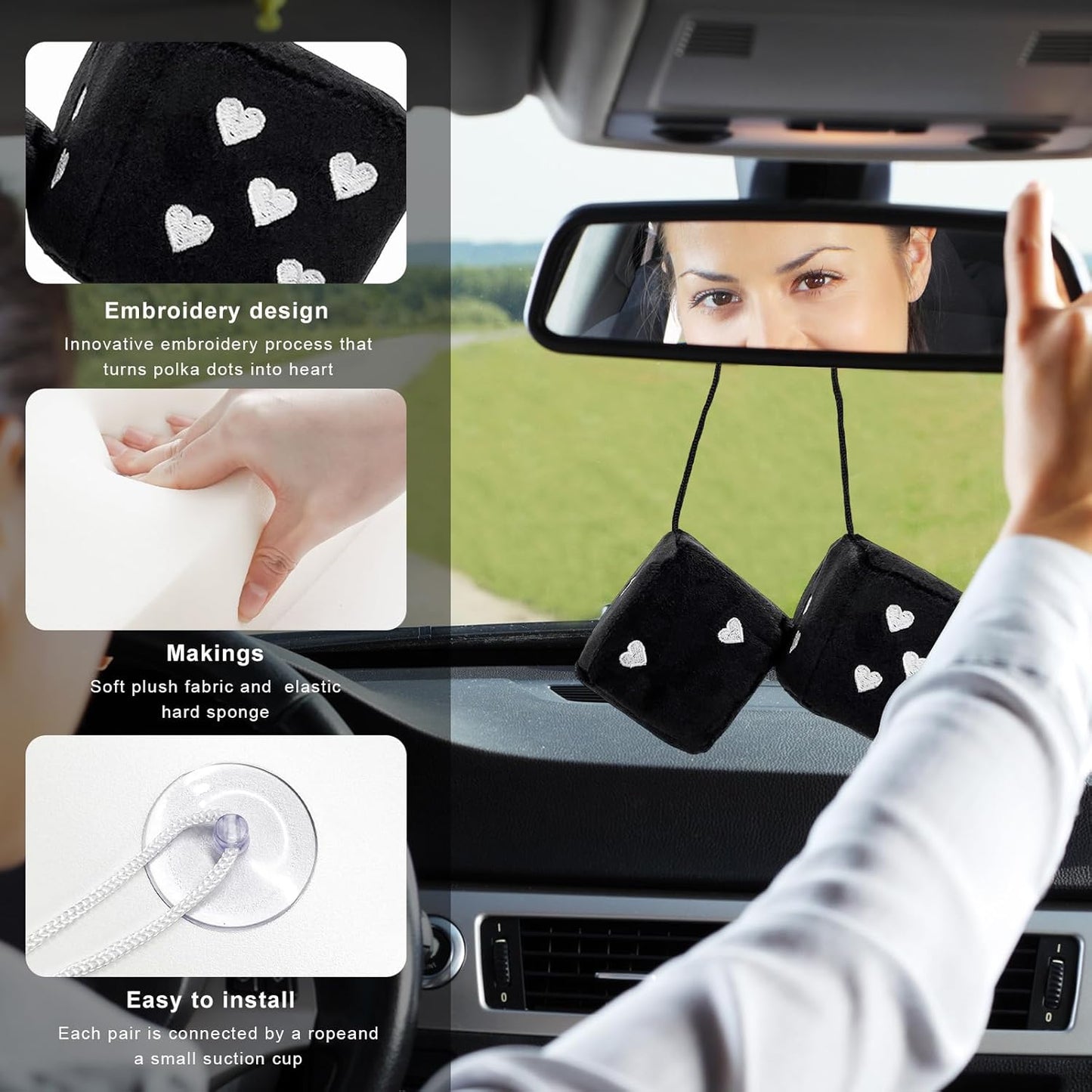Par de dados de felpa mullidos para espejo de automóvil, dados de 3 pulgadas para colgar de pareja con patrón de forma de corazón, adorno cuadrado retro para espejo retrovisor para mujeres y