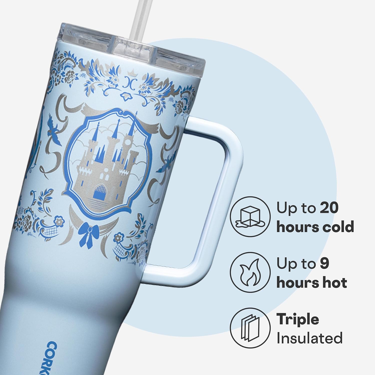 Corkcicle Cruiser Vaso Térmico Aislado con Asa y Pajita - Mantiene las Bebidas Frías 20 Horas - Triple Aislamiento - Regalo de Bebidas de Verano - Mantiene las Bebidas Heladas - 40 oz - Princesa