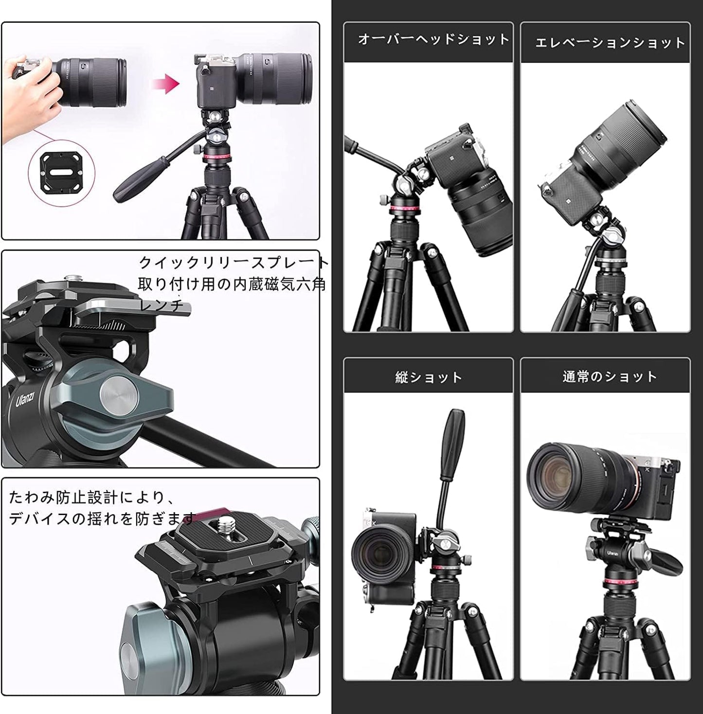 Ulanzi U-190 Video Head Fluid Head Freedom Head 2-Way Small Camera Head with 1/4" and 3/8" Screws, Pitch, 90°/-80° and Horizontal 360° Adjustable, Load Capacity 10kg Aluminum Alloy, with Removable