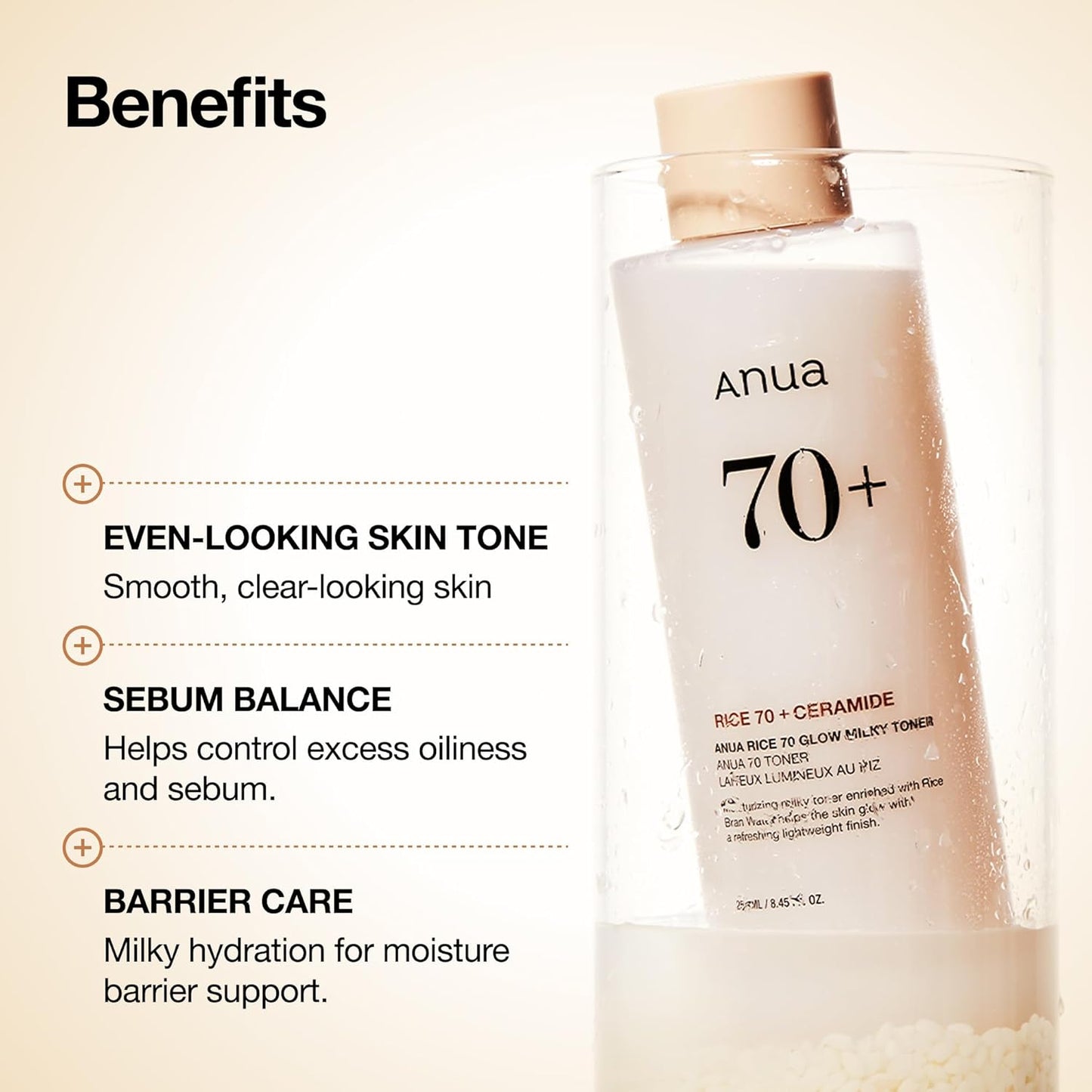 ANUA Rice 70 Glow Milky Toner, para piel de vidrio, agua de arroz, niacinamida, ceramidas, pantenol, sin fragancia, no comedogénico, seguro para el acné fúngico, cuidado de la piel coreano, 250ml