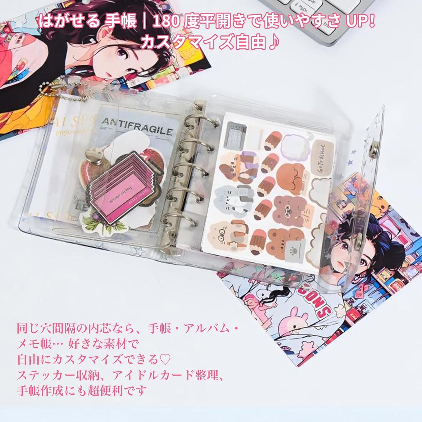 Seal Notebook, Transparent Binder Notebook, M5 Size, Includes 10 Transparent Refills, Clear Binder, Girls, Star Pattern, Double Snap Closure, Silver Hardware, PVC Material, 5 Holes, Seal Storage