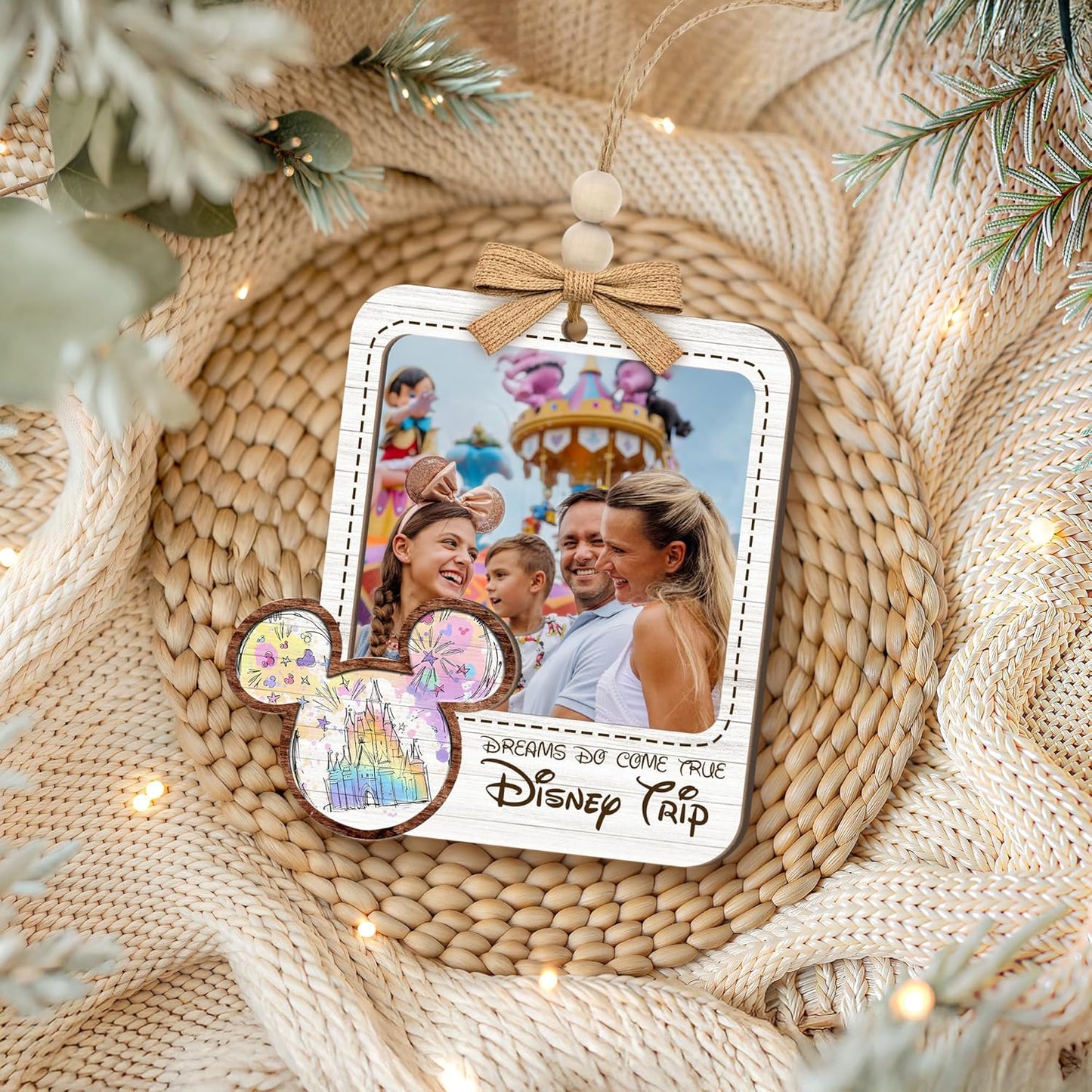 Viaje Familiar 2025 Adorno de Foto de Madera – “Los Sueños se Hacen Realidad” Adorno Personalizado de Vacaciones Familiares – Decoración Rústica de Granja para Navidad con Diseño de Castillo del Reino