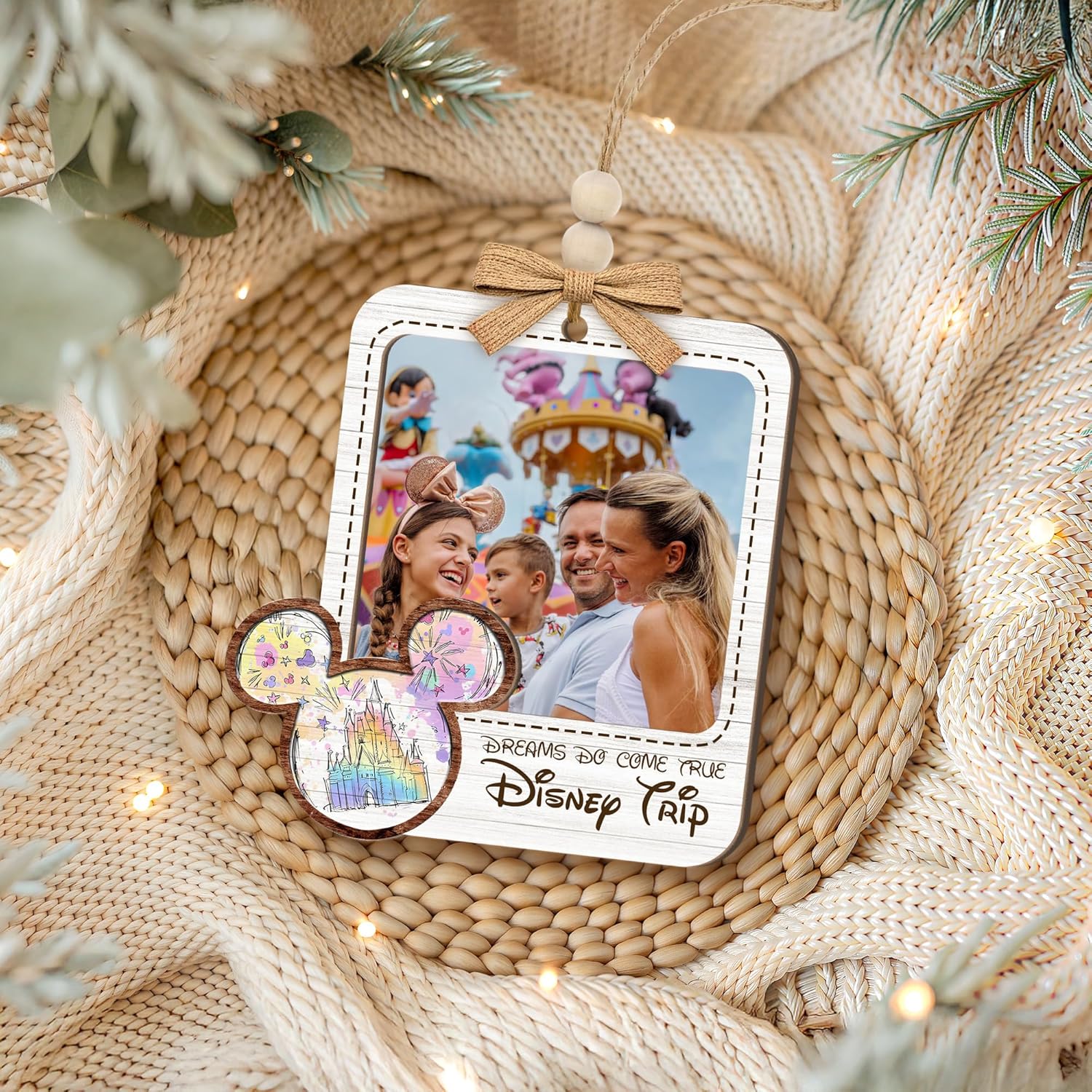 Viaje Familiar 2025 Adorno de Foto de Madera – “Los Sueños se Hacen Realidad” Adorno Personalizado de Vacaciones Familiares – Decoración Rústica de Granja para Navidad con Diseño de Castillo del Reino