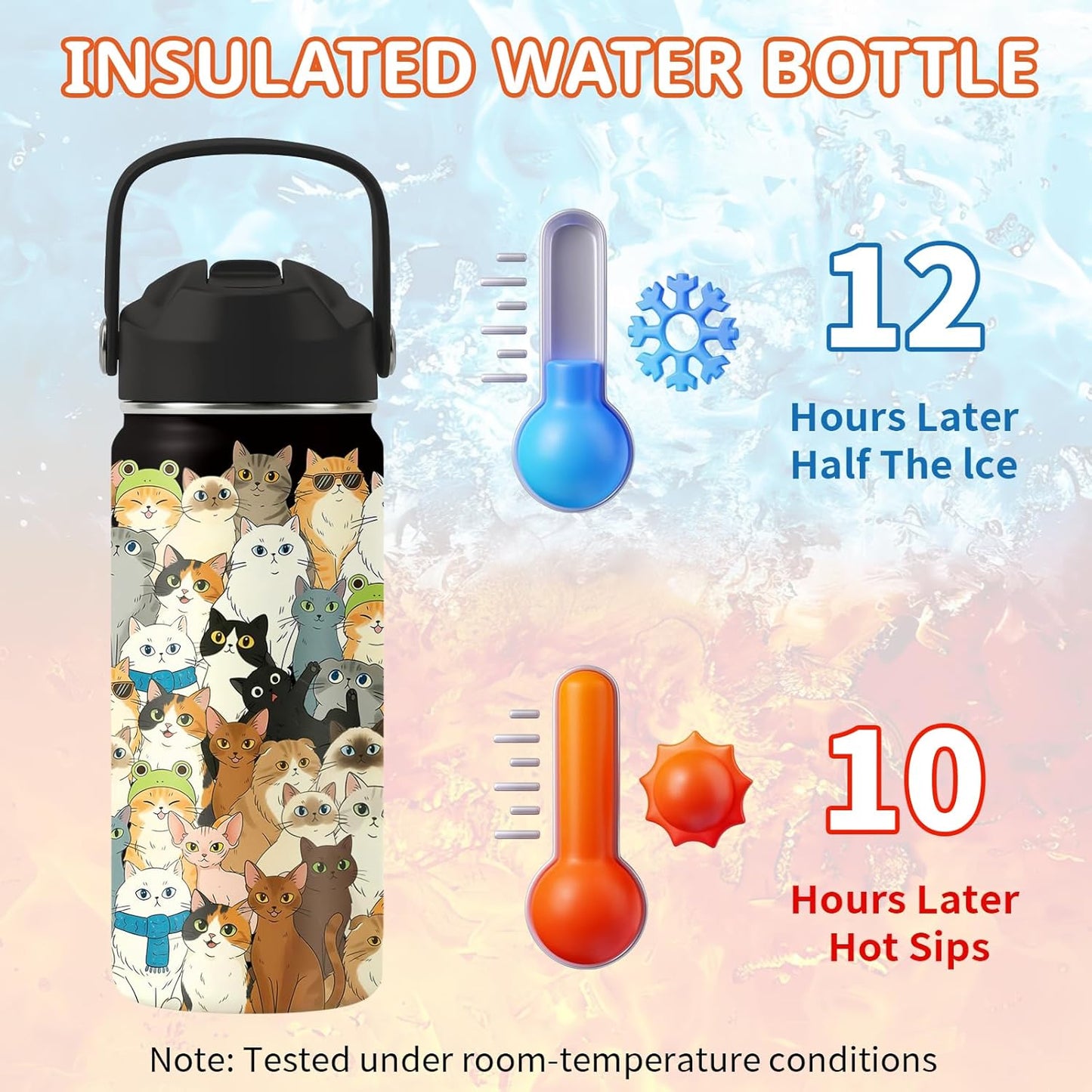 Botella de agua para gatos de 16 onzas con tapa de popote para amantes de los gatos, vaso aislado de acero inoxidable, a prueba de fugas, sin BPA, para viajes, deportes, taza de regalo de