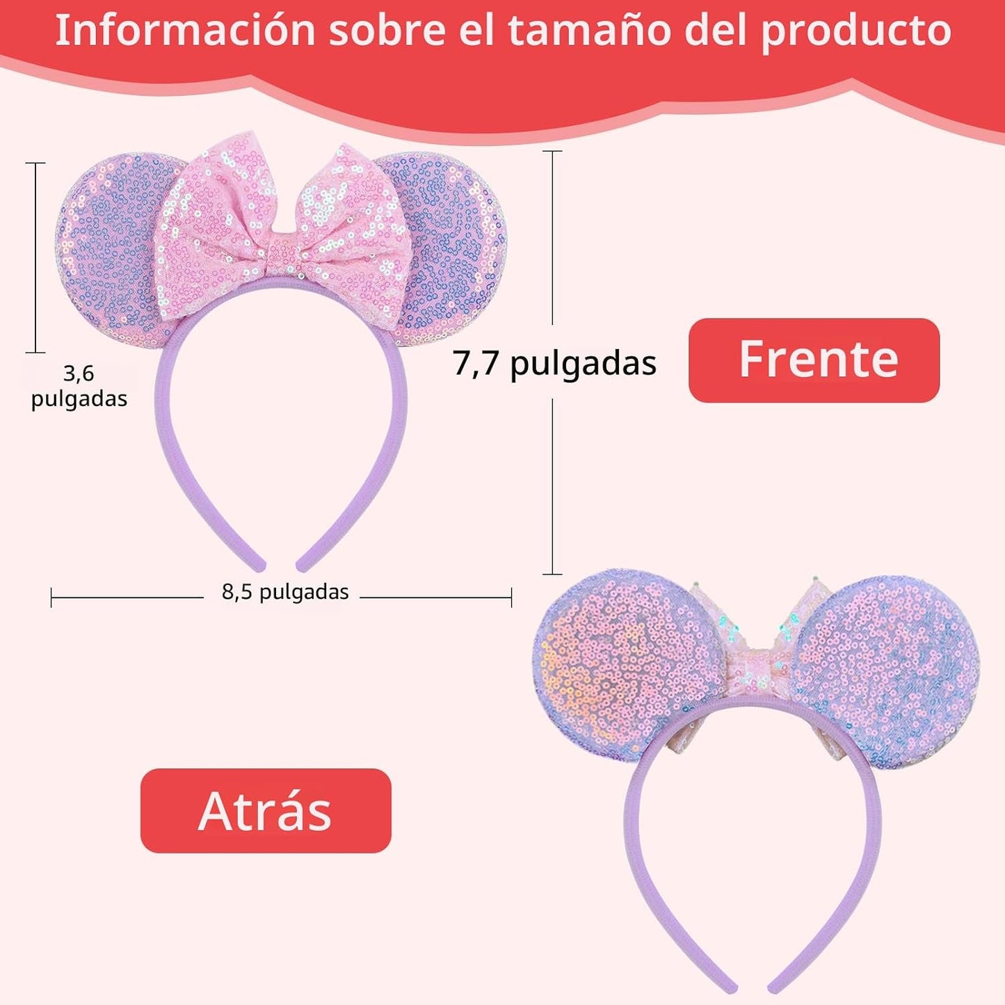 Paquete de 2 diademas de orejas de ratón rosa y morado para mujeres y niñas, diadema de lazo de lentejuelas para cosplay, disfraz de cumpleaños, decoración de fiesta de cumpleaños, accesorios para el cabello