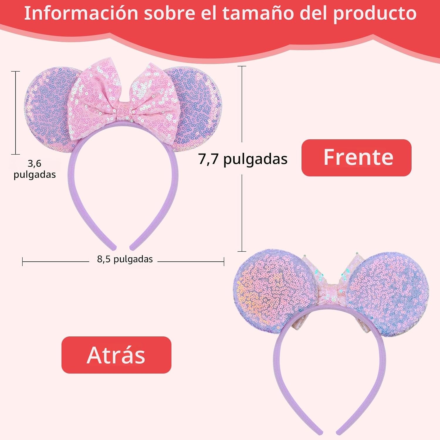 Paquete de 2 diademas de orejas de ratón rosa y morado para mujeres y niñas, diadema de lazo de lentejuelas para cosplay, disfraz de cumpleaños, decoración de fiesta de cumpleaños, accesorios para el cabello