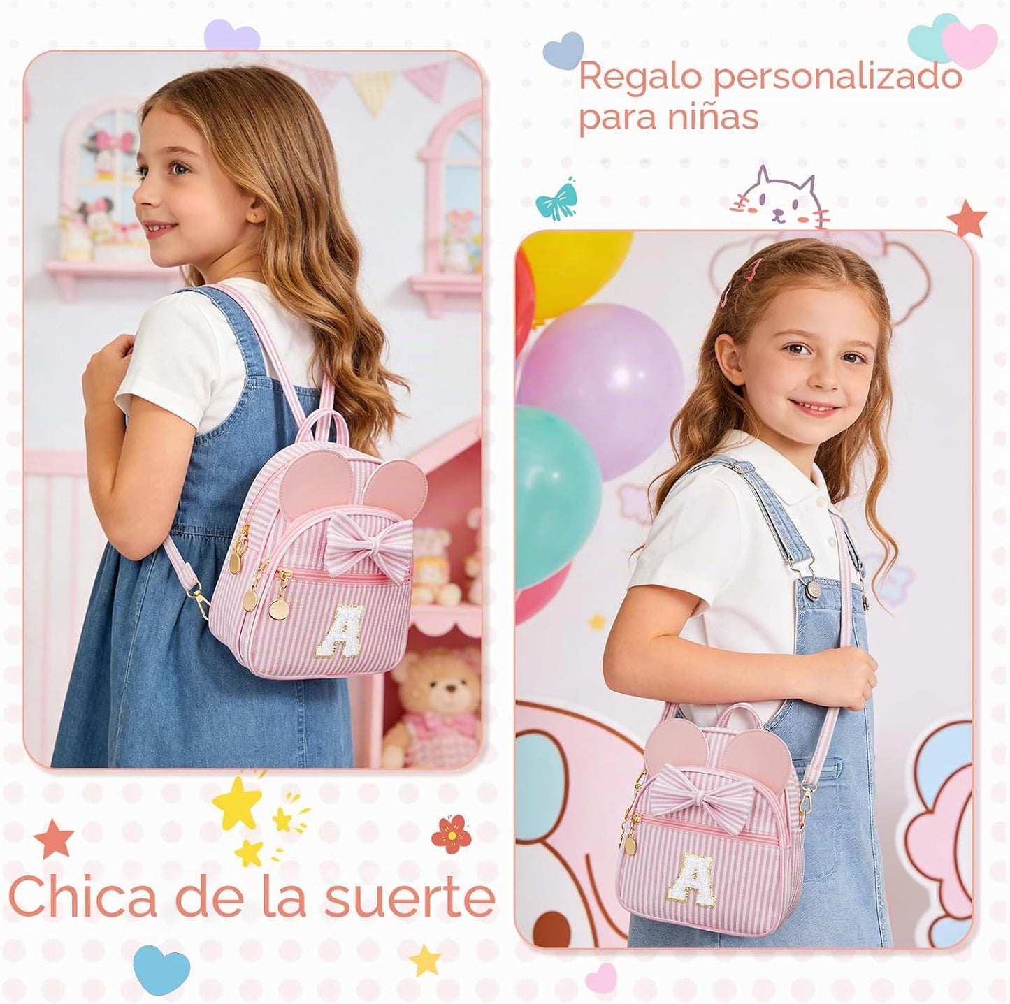Regalo de cumpleaños personalizado para niñas pequeñas, mochila pequeña con inicial para niñas pequeñas, lindo mini bolso para niños de 3 a 10 años, rosa A
