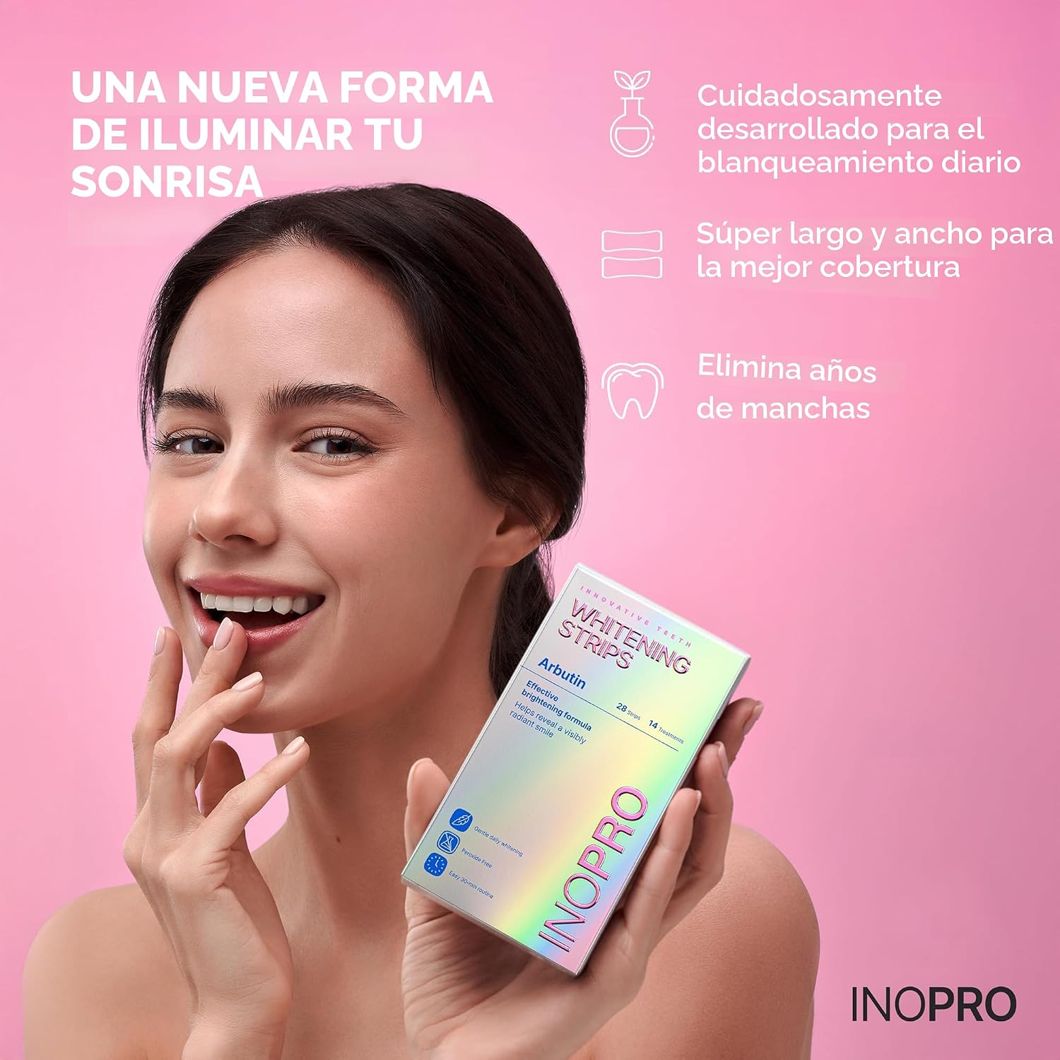 InoPro Kit de 14 Tratamientos de Tiras Blanqueadoras Dentales - Blanqueador Dental Seguro para el Esmalte, Sin Peróxido, Tiras Verdes y Blancas para Blanqueamiento Dental con Arbutina, Aceite de Coco