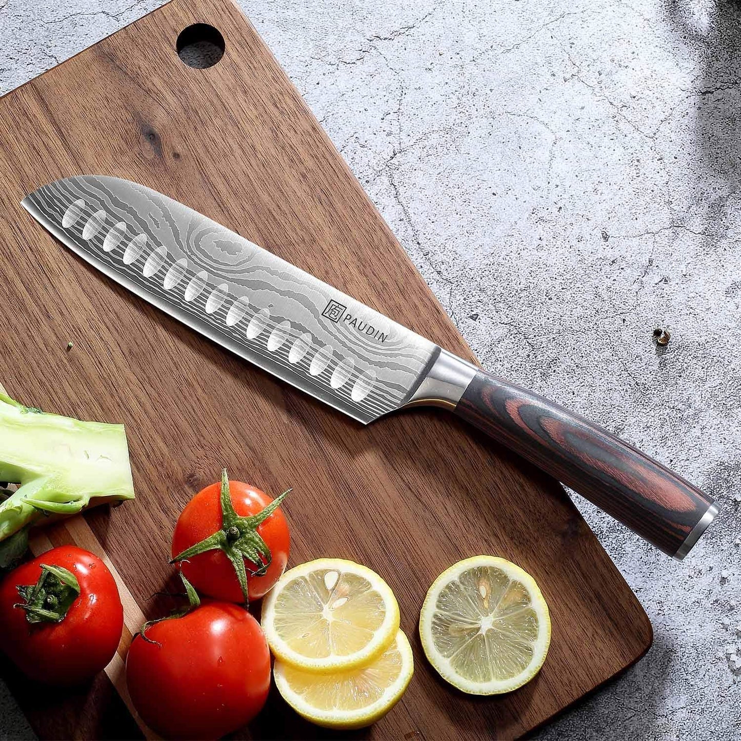 PAUDIN Santoku Knife, 6.7 inches (170 mm) with Sheath, Stainless Steel Knife, Well-Cut, Chef's Knife, Wooden Handle, Carving Knife, Kitchen Knife, Vegetables, Fruits, Utility Knife, Home Use, Gift, Kitchen Tool