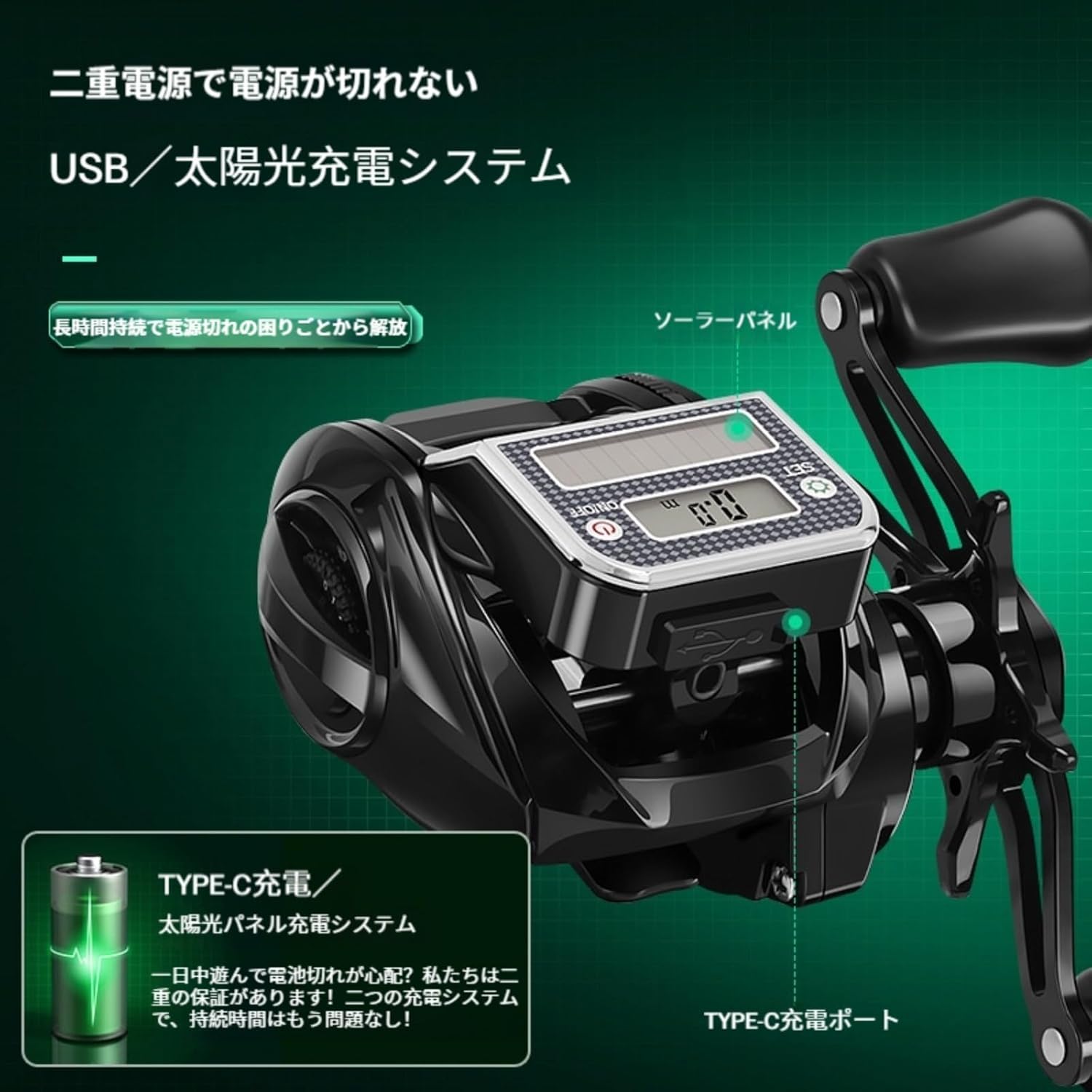 Bait Fishing Reel, USB and Solar Powered, Accurate Line Counter, Bite Alarm Function, 10 Speed Strong Magnetic Brake, Perfect for Wild Fishing and Saltwater Fishing Long Range Raft Fishing