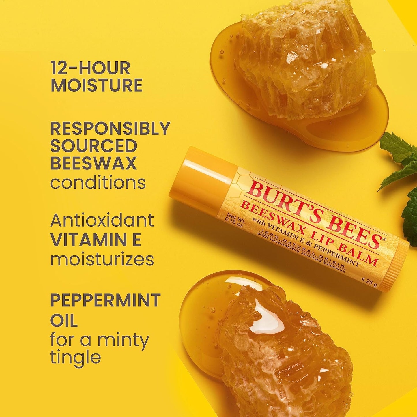 Burt's Bees Bálsamo labial de cera de abejas, hidratante labial con cera de abejas de origen responsable, sin tinte, tratamiento labial acondicionador natural, 1 tubo, 0.15 onzas.