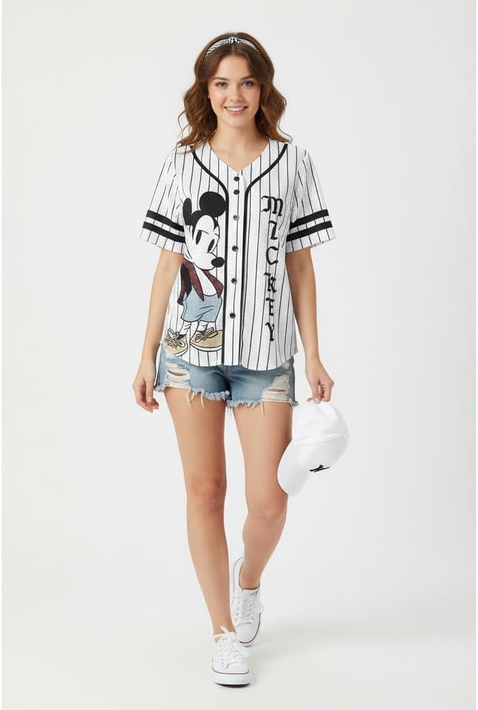 Disney Camiseta de béisbol con botones de Mickey Mouse y Pluto para mujer