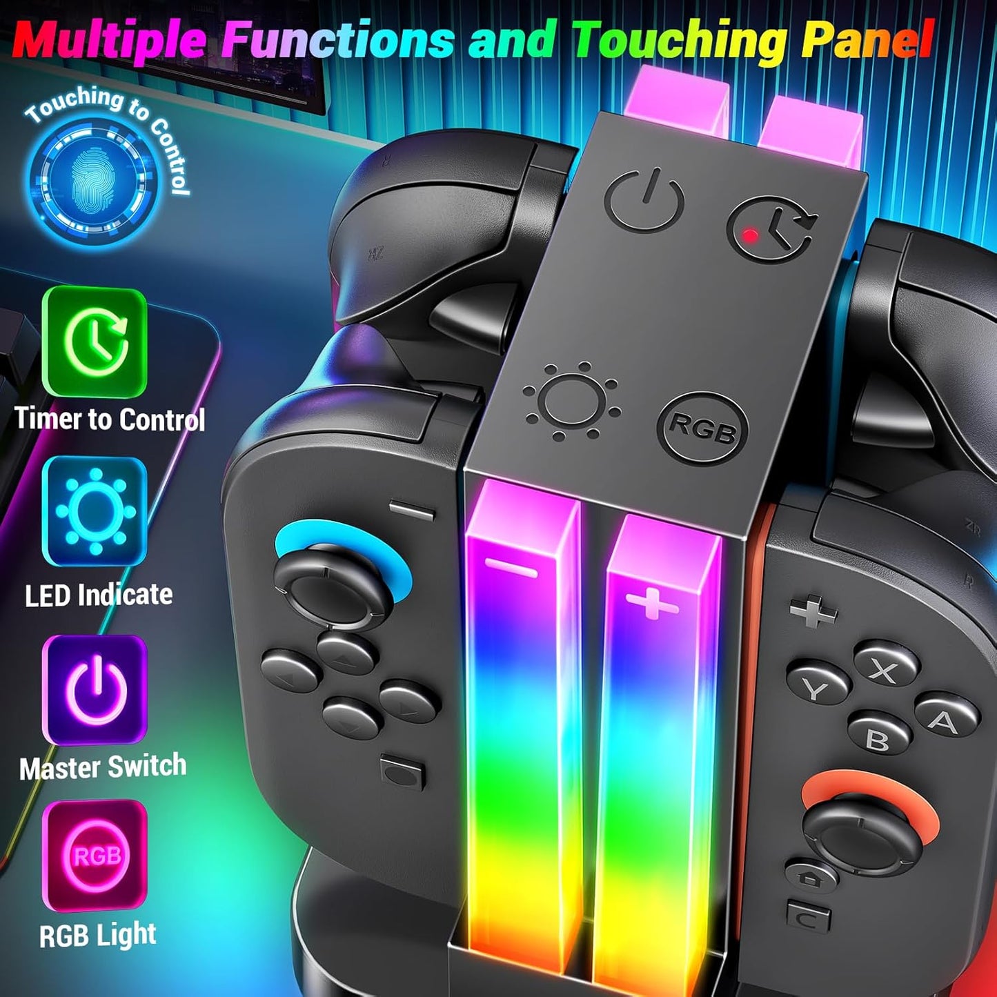 Switch 2 Joicon Charger Stand, RGB Light, 6, Joicon, Switch 2, Timing Function, Overcharge Prevention, USB-C Cable Included, Will Controller, Charger