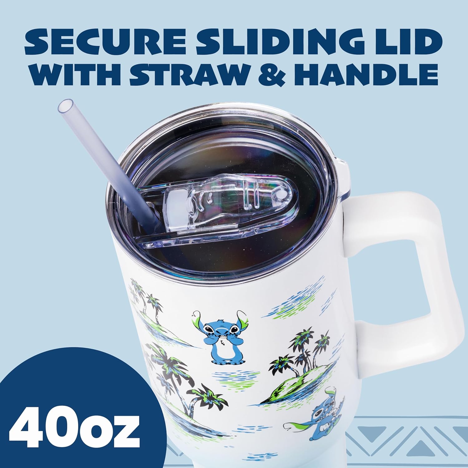 Silver Buffalo Disney Lilo and Stitch - Vaso de acero inoxidable de doble pared con asa y pajilla, diseño vintage, palmeras y flores, se adapta al portavasos estándar, 40 onzas