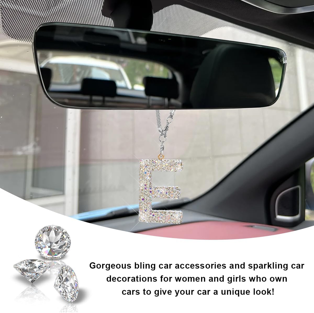Adorno Inicial Brillante para Espejo Retrovisor de Automóvil, Bonito Colgante de Letra de Cristal, Colgador de Retrovisor de la Suerte, Accesorios para Colgar Espejo Automotriz, Decoración