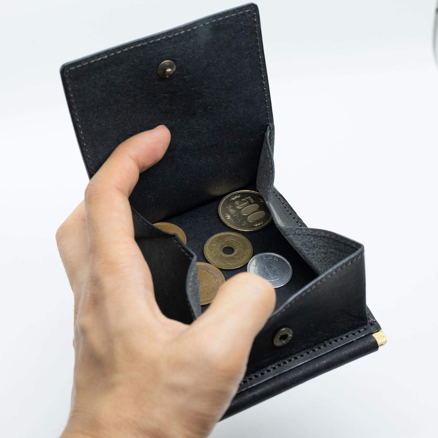 Hizu Factory Pueblo Genuine Leather Money Clip (with Coin Pocket) Made in Japan Artisan Handmade, Black