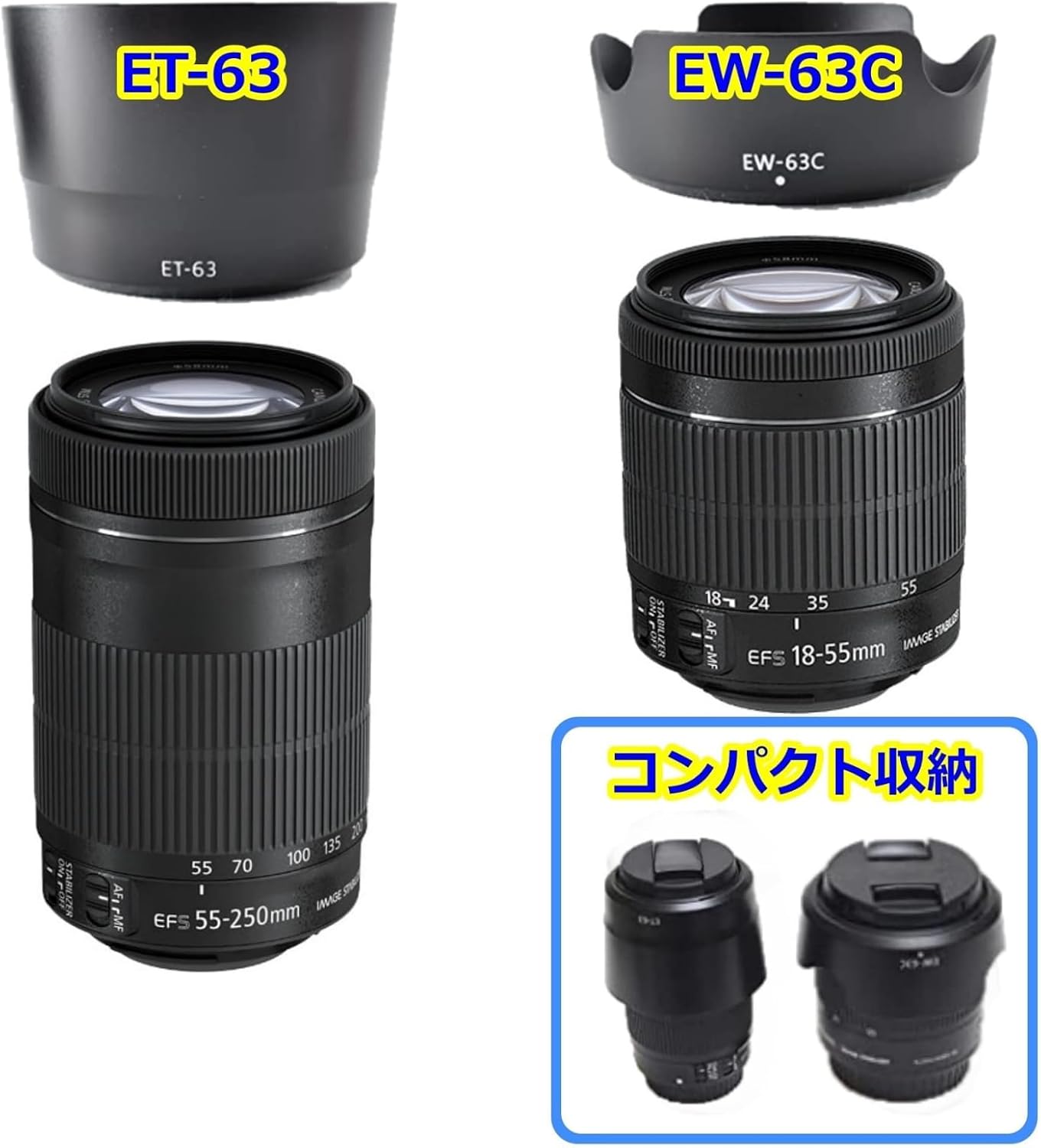 ATAK Compatible Canon Lens Hood EW-63C ET-63 58mm Filter 2 Pack Black for Canon EOS Kiss X10 X9i X9 X8i X7i Double Zoom Lens Kit