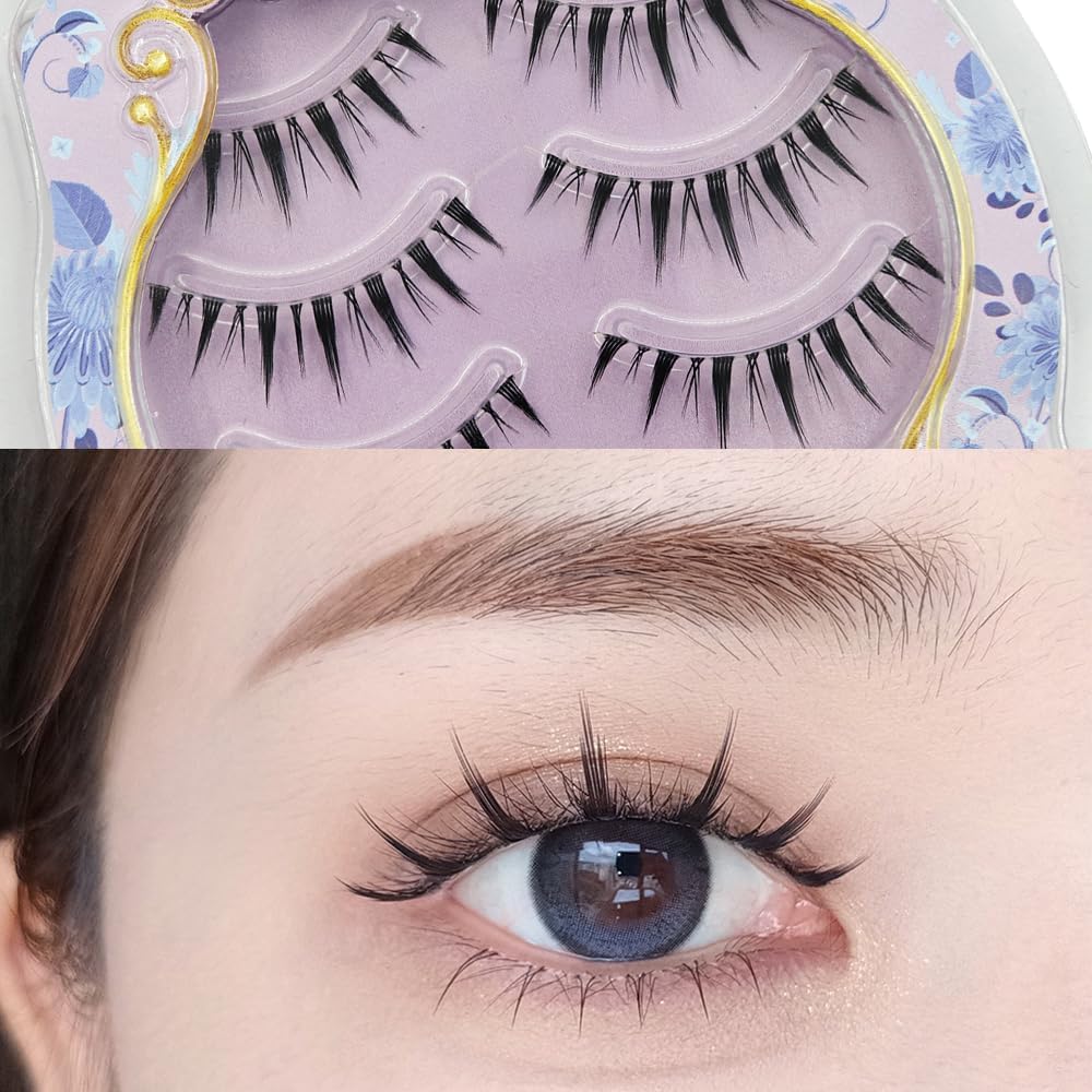 mikiwi Cartoon Eyelashes, Clear Base Anime Eyelashes 4 Pack, Spiny Anime False Eyelashes Natural Finish, Japanese Lashes Like Bundled Cartoon Lashes Individual, Reusable Cosplay Thin Bundled