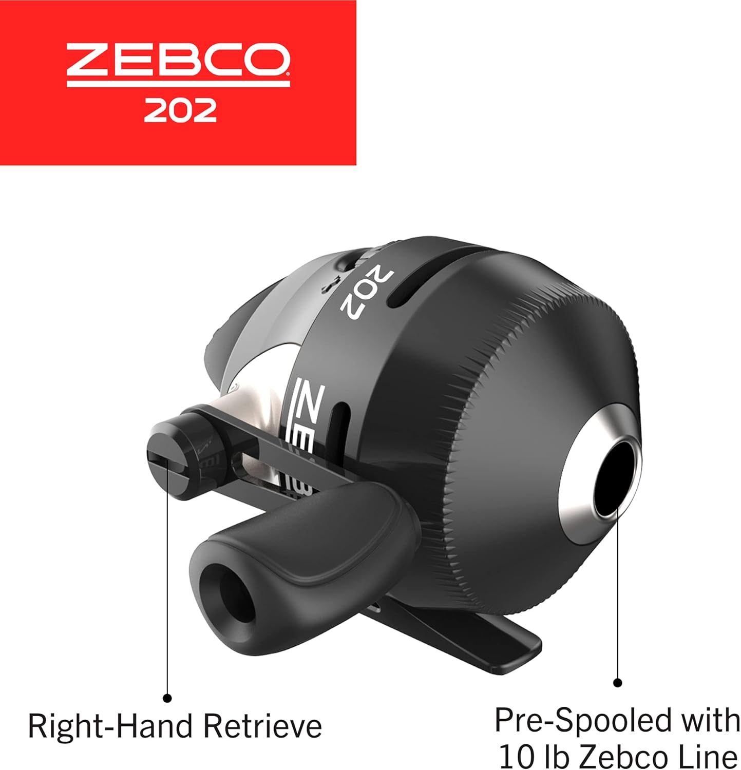 Zebco Spincast Fishing Reel 202 30 Reel Right Handed Heavy Duty All Metal Gear Stainless Steel Pickup Pin with 10lb Zebco Fishing Line Pre-Spool, Black, Clam Package
