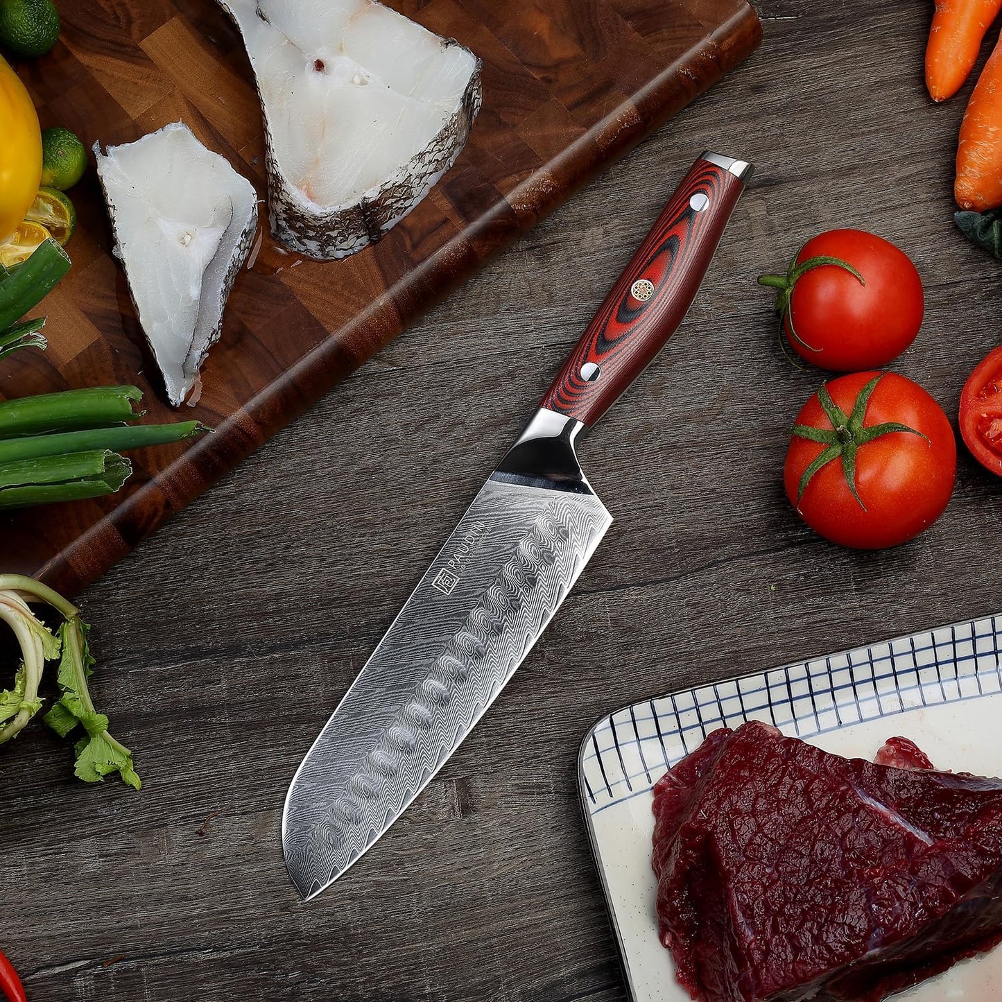 PAUDIN Damascus Santoku Knife, 7.1 inches (180 mm), VG10 Stainless Steel, All-Purpose Knife, Sharp Sharp, Double-Edged, Left Handed, Butterfly Kitchen Knife, Suitable for a Wide Range of Meat, Vegetables, Fruits, Etc