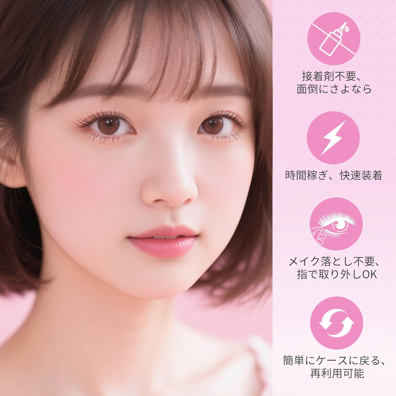 Beauty7 Glueless Partial False Eyelashes, 72 Bundles, Glue-free, Bottom False Eyelashes, Pink Set, Bundled False Eyelashes, Self-Adhesive False Eyelashes, Natural, Transparent Shank, Lower Eyelashes