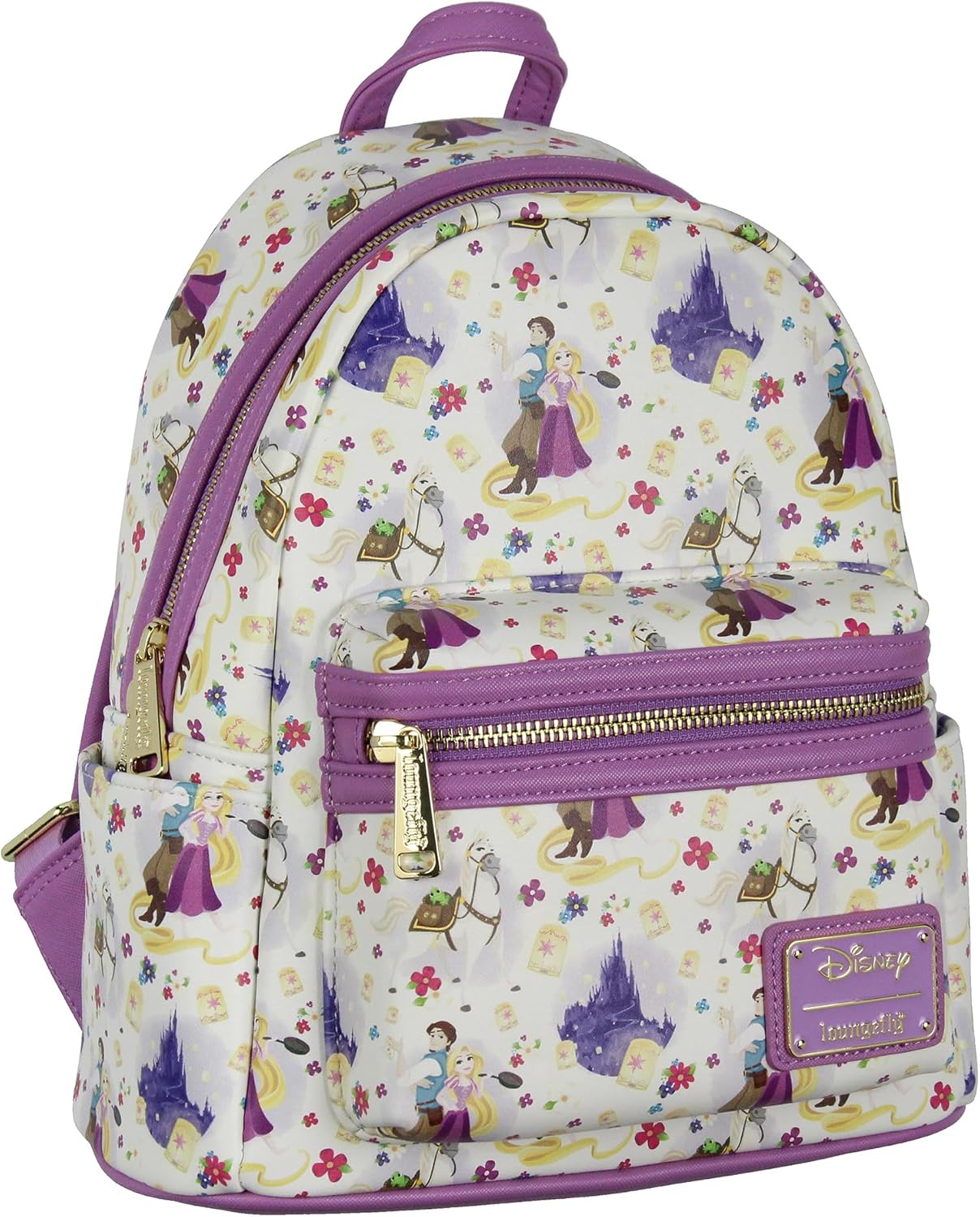 Loungefly Disney Tangled Rapunzel Flynn Ryder y Maximus - Mochila pequeña con estampado completo