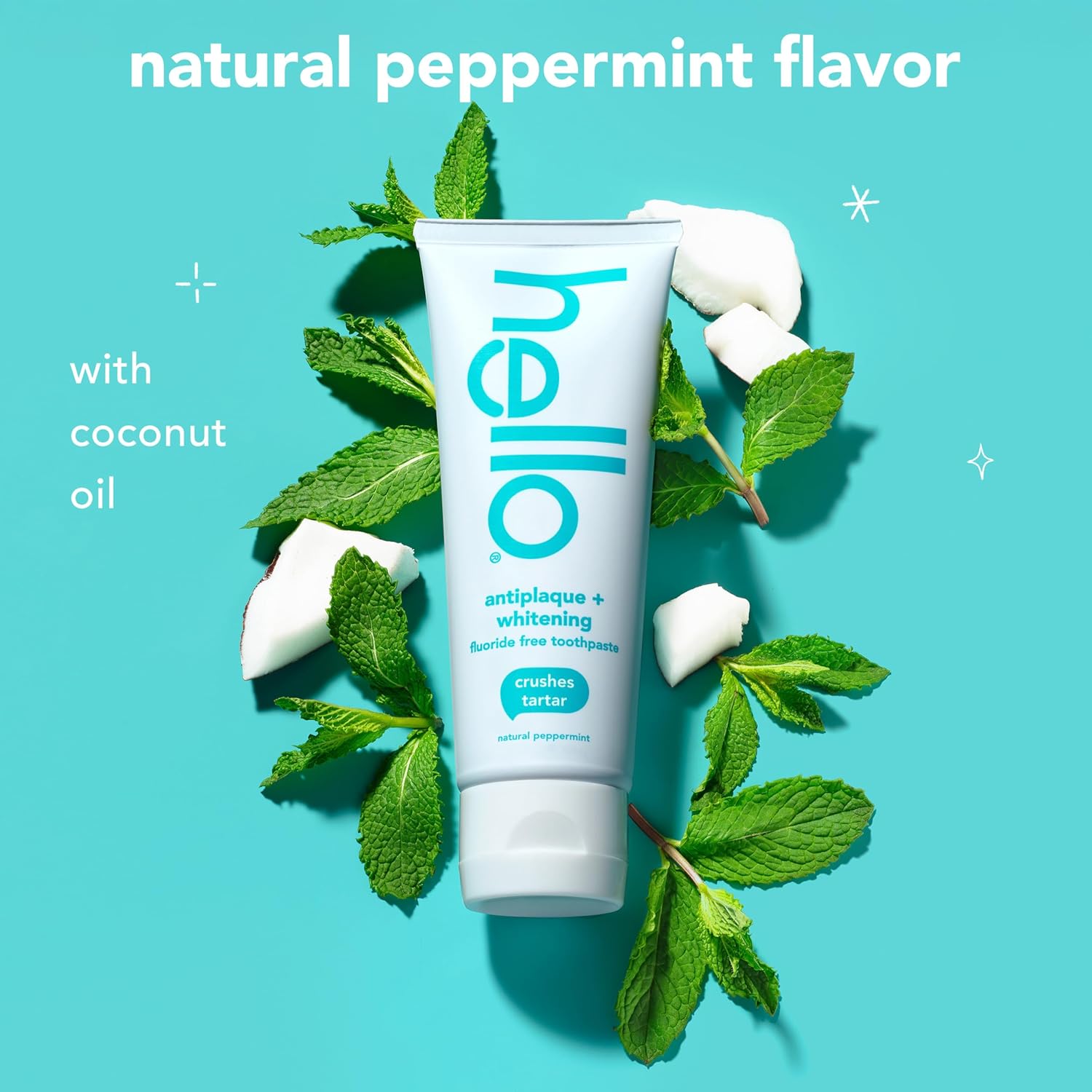 Hello Pasta de dientes antiplaca y blanqueadora sin flúor, tubo de 5 onzas, pasta de dientes blanqueadora con sabor natural a menta y aceite de árbol de té, aplasta el sarro y ayuda a eliminar las